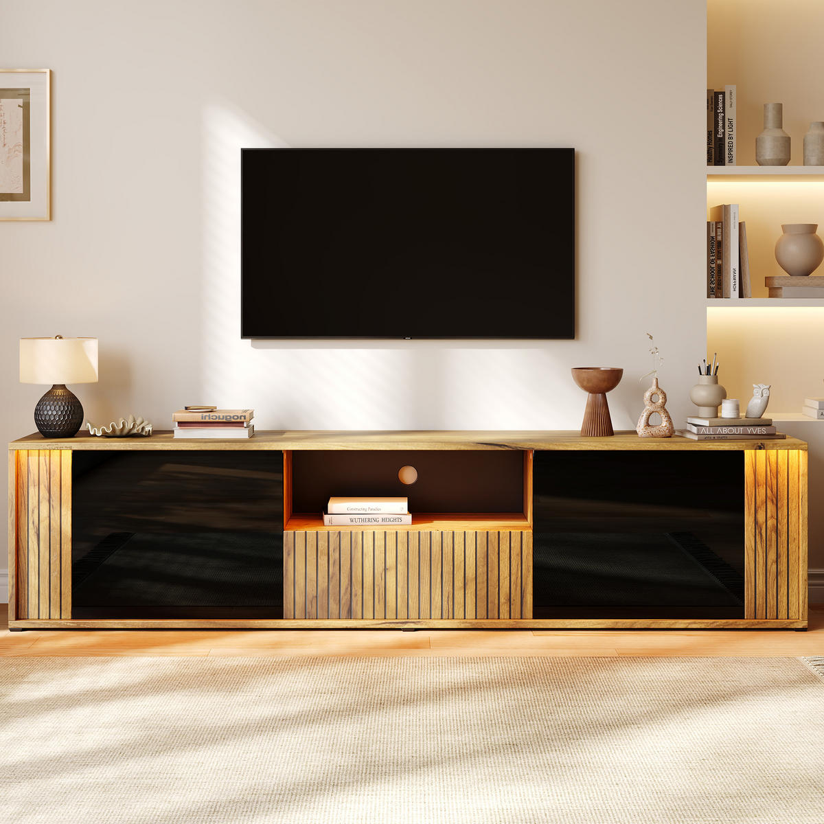 LOWBOARD DE-40468 mit LED und Streifen-Design Schwarz - Schwarz, Holzwerkstoff (180/51/40cm) - ComfortXL