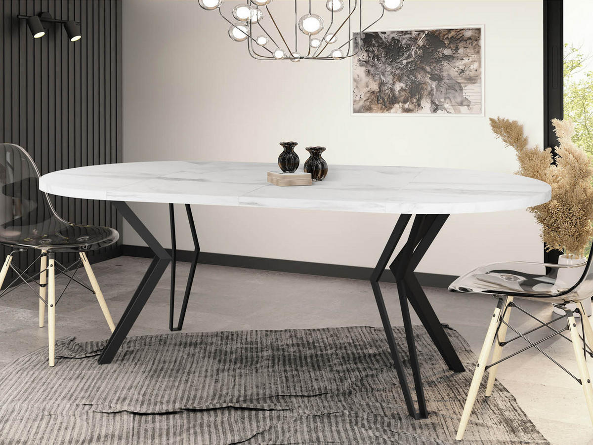 ESSTISCH Revena runder ausziehbarer, Marmor Weiß 100-180/100/76 cm - Ecru/Schwarz, Holzwerkstoff/Metall (100/100/76cm) - WFL GROUP