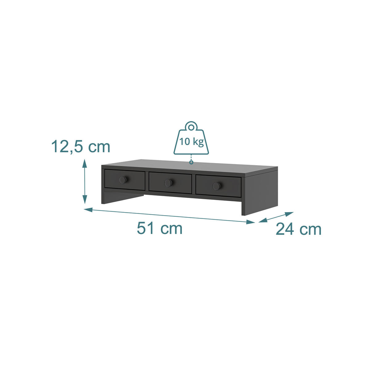 MONITORSTÄNDER Schwarz MDF 3 Schubladen 51x24x12,5 cm - Schwarz, Holzwerkstoff (24/51/12.5cm) - Relaxdays