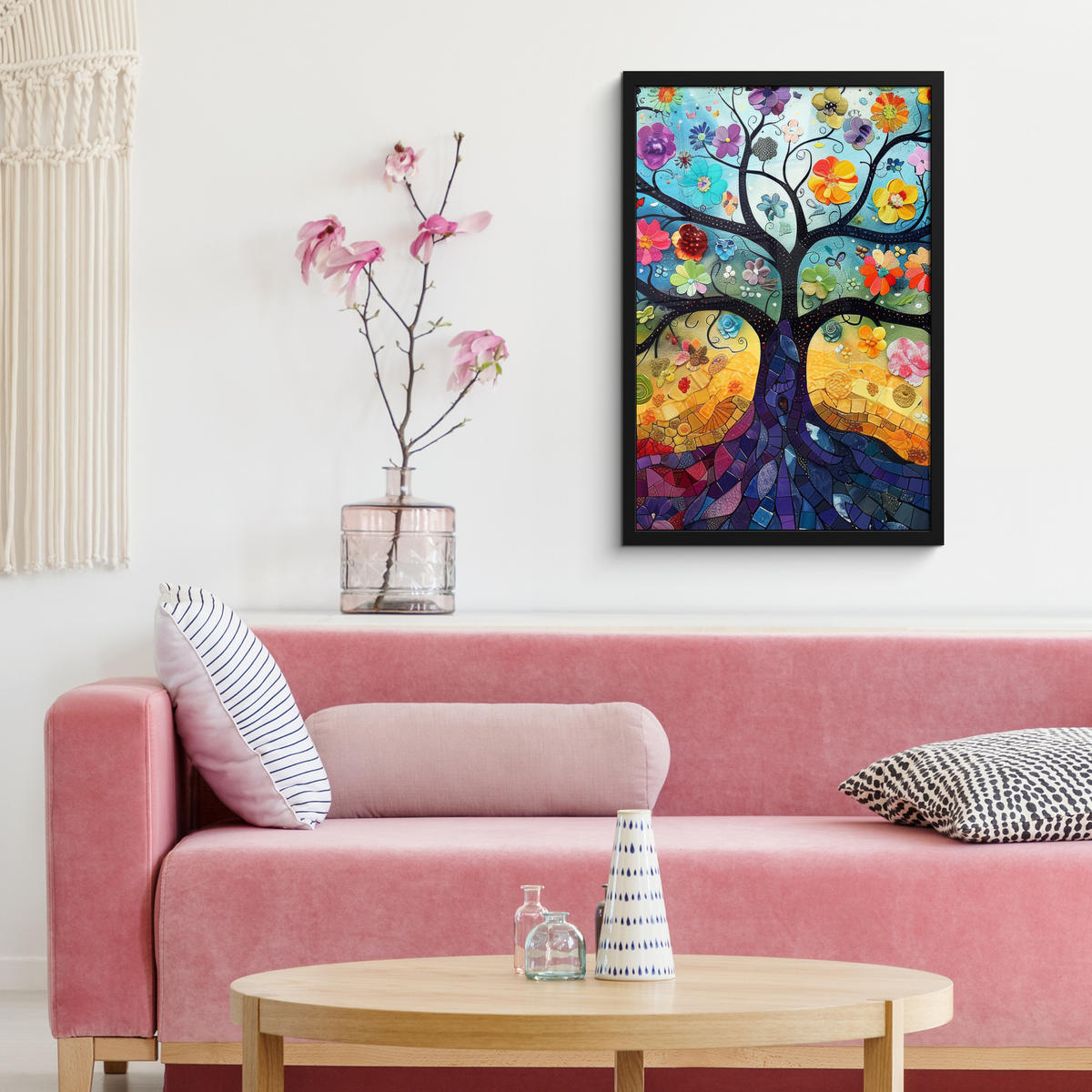 GERAHMTES BILD Kunst - Baum des Lebens - Blumen - Hippie 40x60 cm - Dunkelblau, Papier (40/60cm) - MuchoWow
