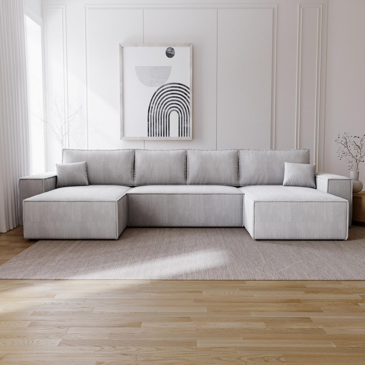 ECKSOFA U 380 cm Bergamo mit Schlaffunktion, Cordstoff, Hellgrau - Hellgrau, Holz (377/189cm) - Emporius