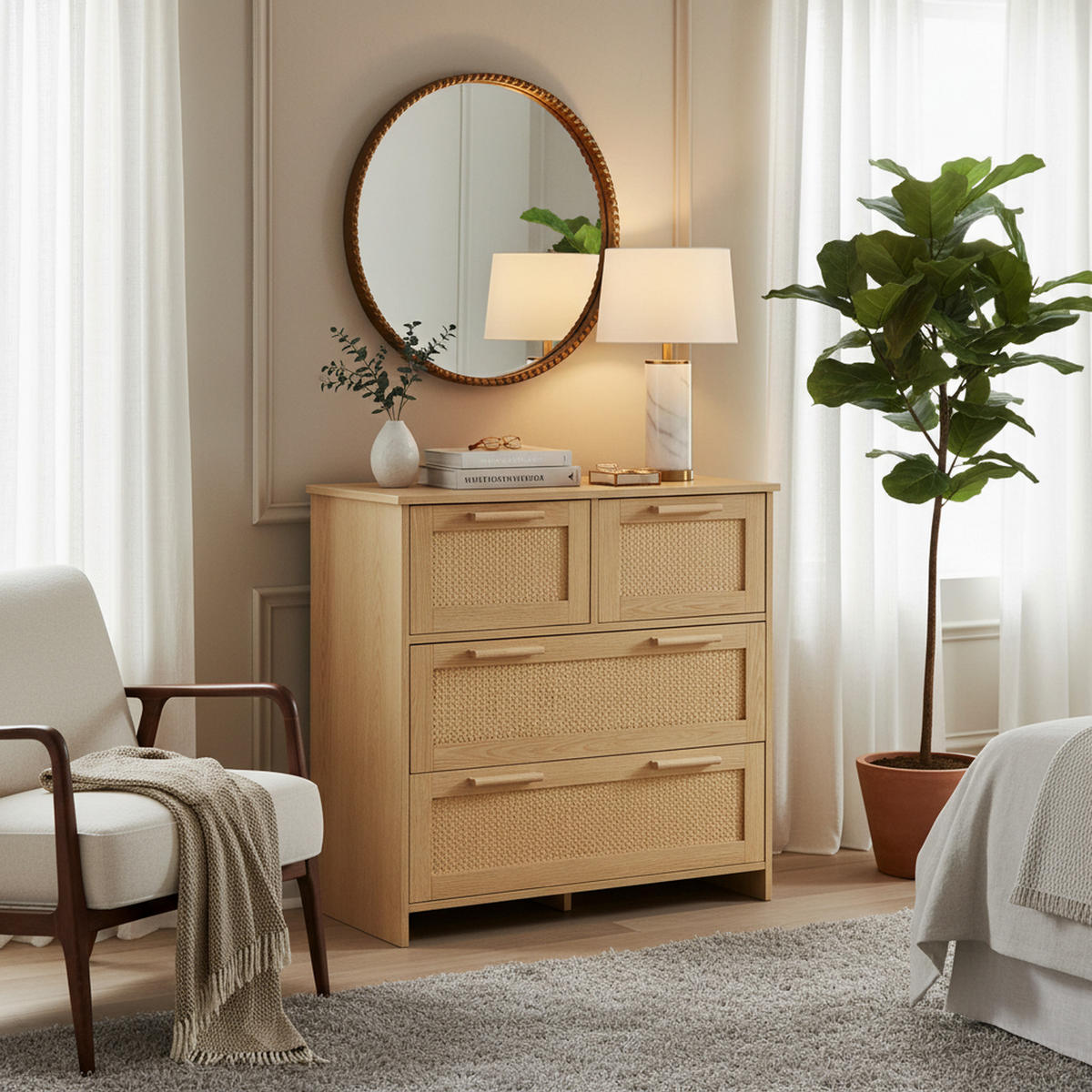 SIDEBOARD Rattan kommode mit 4 Schubladen & Massivholz Griffen - Eichefarben, Naturmaterialien/Holzwerkstoff (80/80/38cm) - Urban Meuble