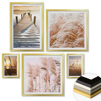 WANDBILDER 5er Set - 50x50 cm & 20x30 cm & 40x60 cm Goldrahmen - Boho-Grasfeld-Sonnenuntergang - Goldfarben, Kunststoff (40/60cm) - ArtPrintCave