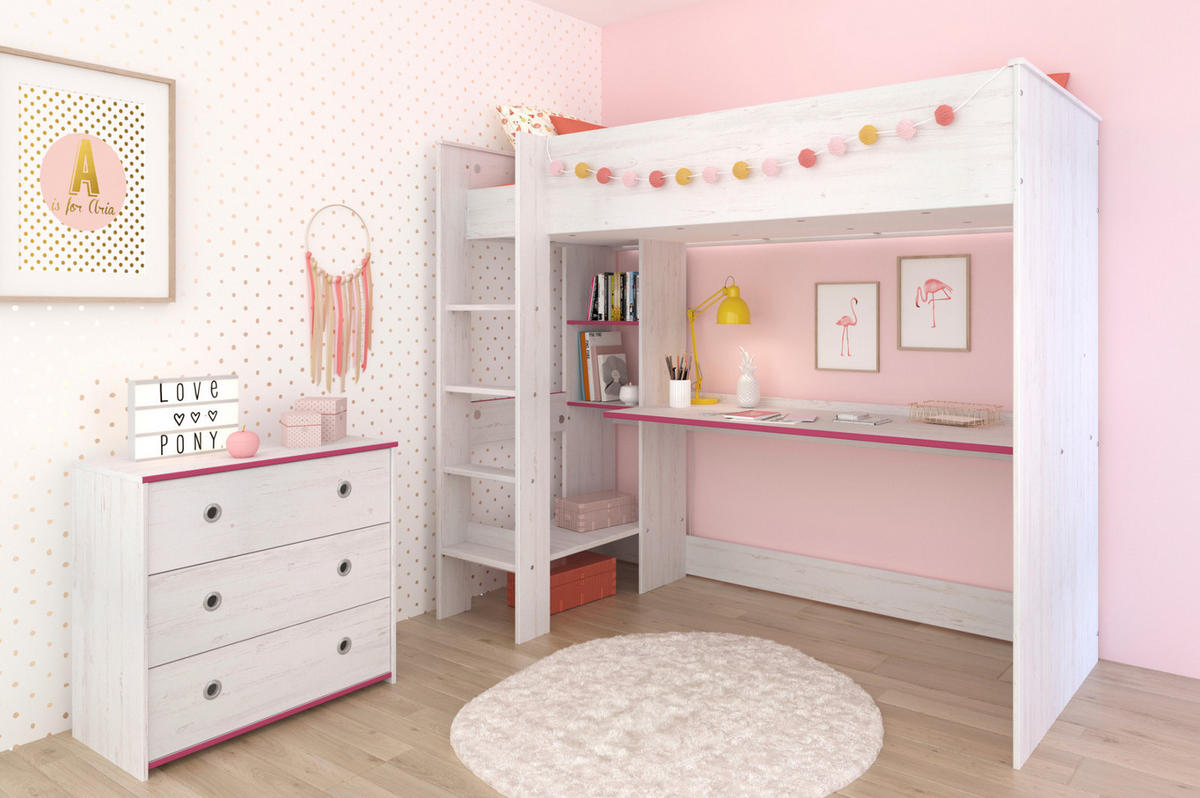 JUGENDZIMMER Set Hochbett 90 x 200 Schreibtisch und Kommode - Weiß/Grau, Holz/Holzwerkstoff (206/180/108cm) - Parisot Meuble