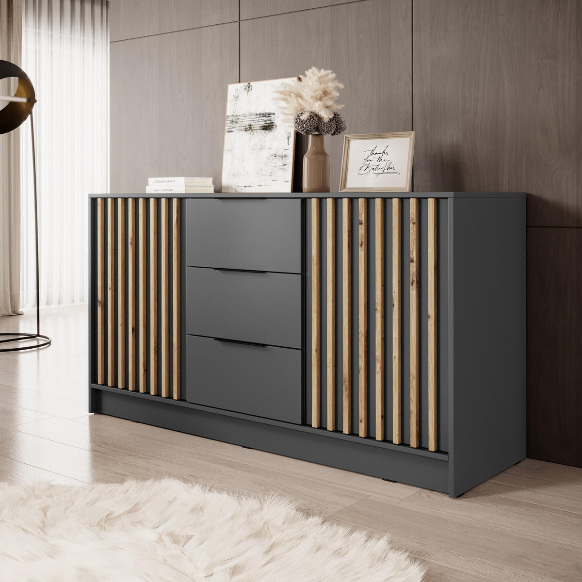 SIDEBOARD NELIANA 155/86/45 cm mit 3 Schubladen 2 Türen Graphitfarben - Graphitfarben, Holzwerkstoff (155/86/45cm) - MASSENO