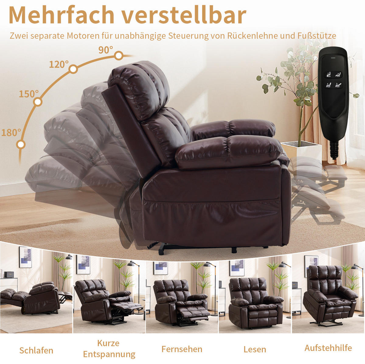 ELEKTRISCHER Fernsehsessel in Braun 107x109x109 cm mit Aufstehhilfe, Massage und Heizung - Braun, Textil (109/109/107cm) - IVMEU