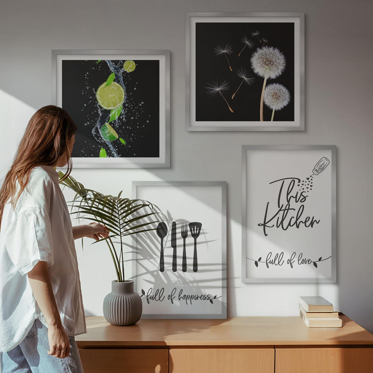 WANDBILDER 4er Set - 50x50 cm & 40x60 cm Silberner Rahmen - Löwenzahn-Kalk-Kücheninschriften - Silberfarben, Kunststoff (50/50cm) - ArtPrintCave