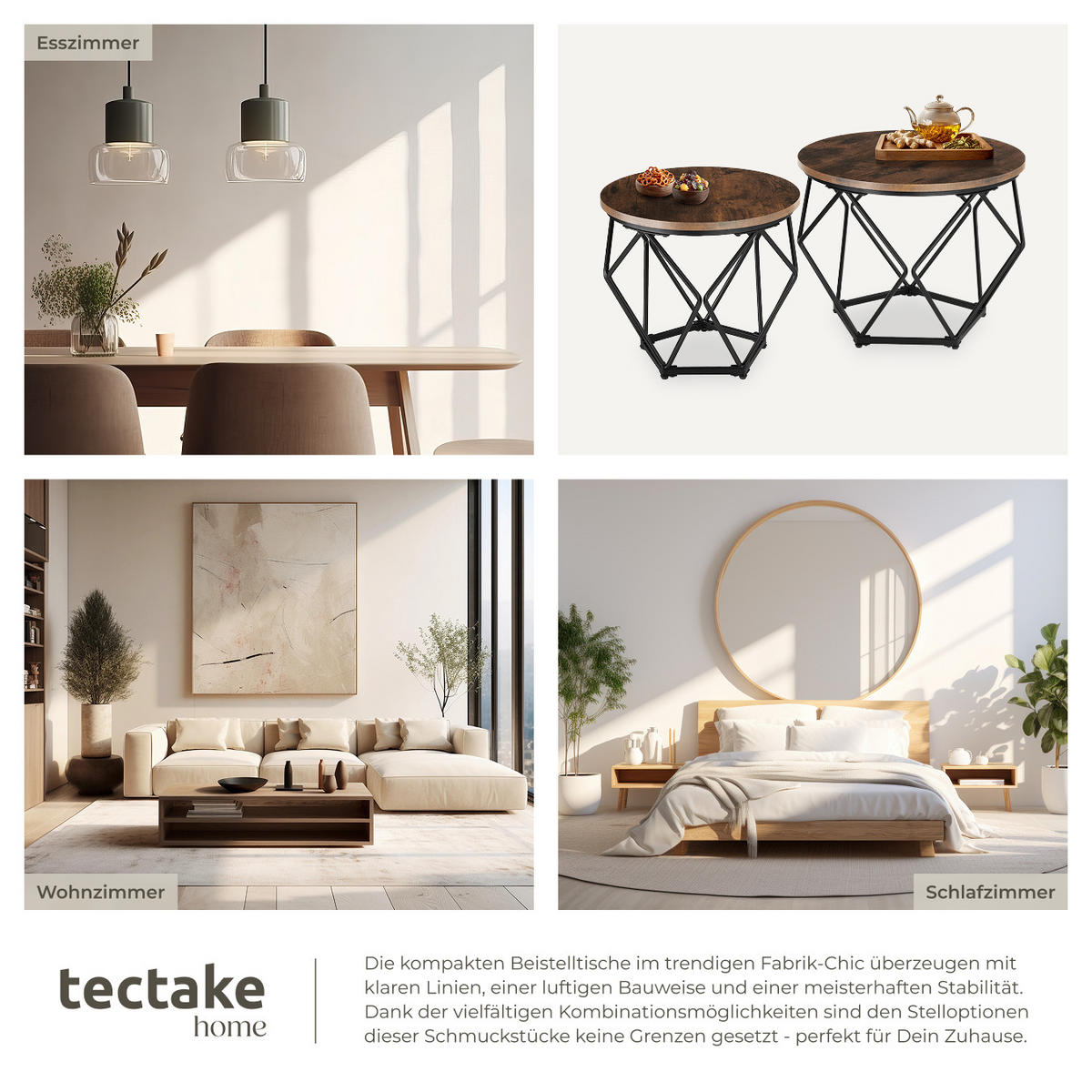 COUCHTISCH 2er Set Benham, mit höhenverstellbaren Kunststofffüßen, Industrial Holz dunkel, rustikal - Rostfarben, Holzwerkstoff (50/50/40cm) - tectake