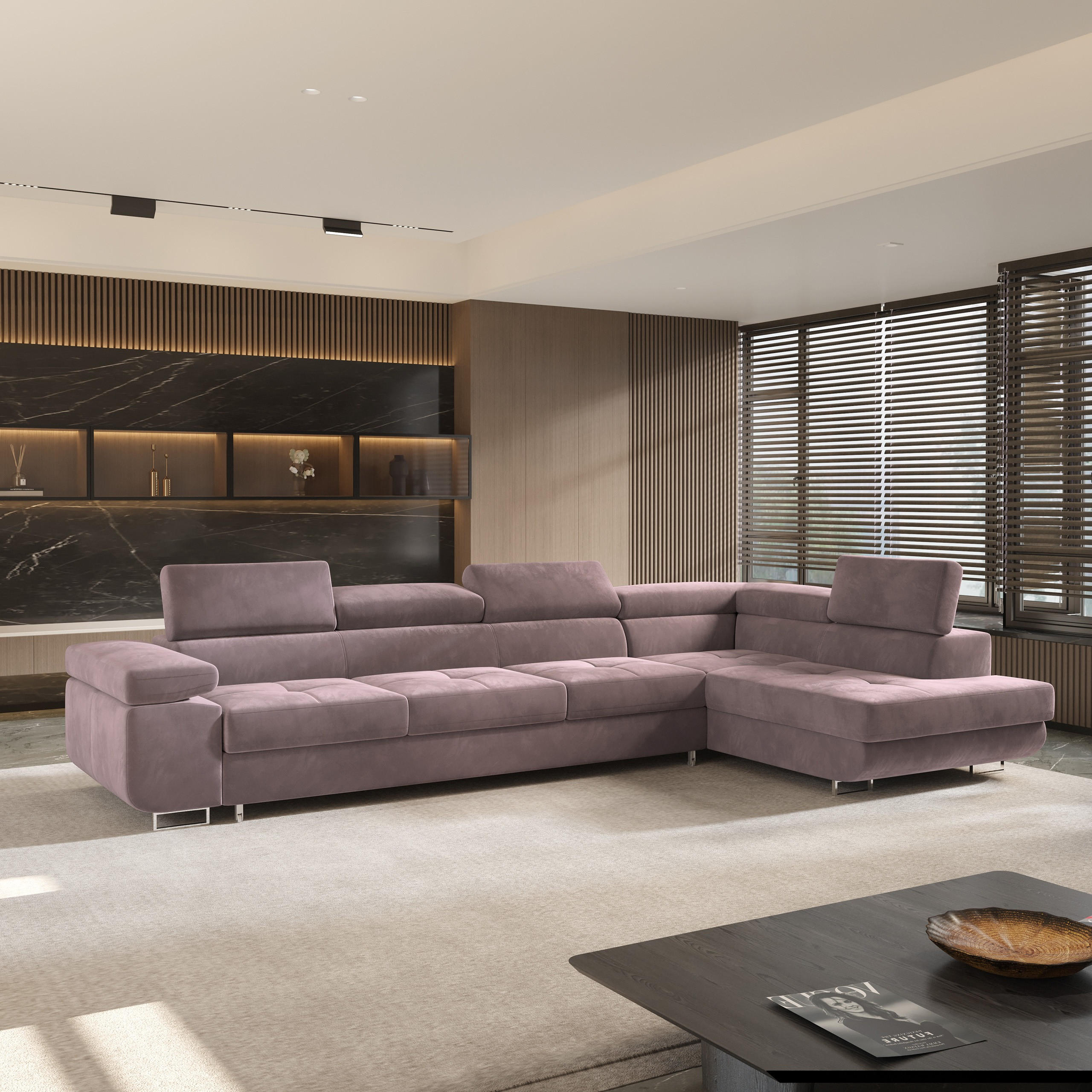 ECKSOFA VICENTE Lila Velours-Stoff mit Schlaffunktion - Lila, Holz (346/202cm) - MASSENO