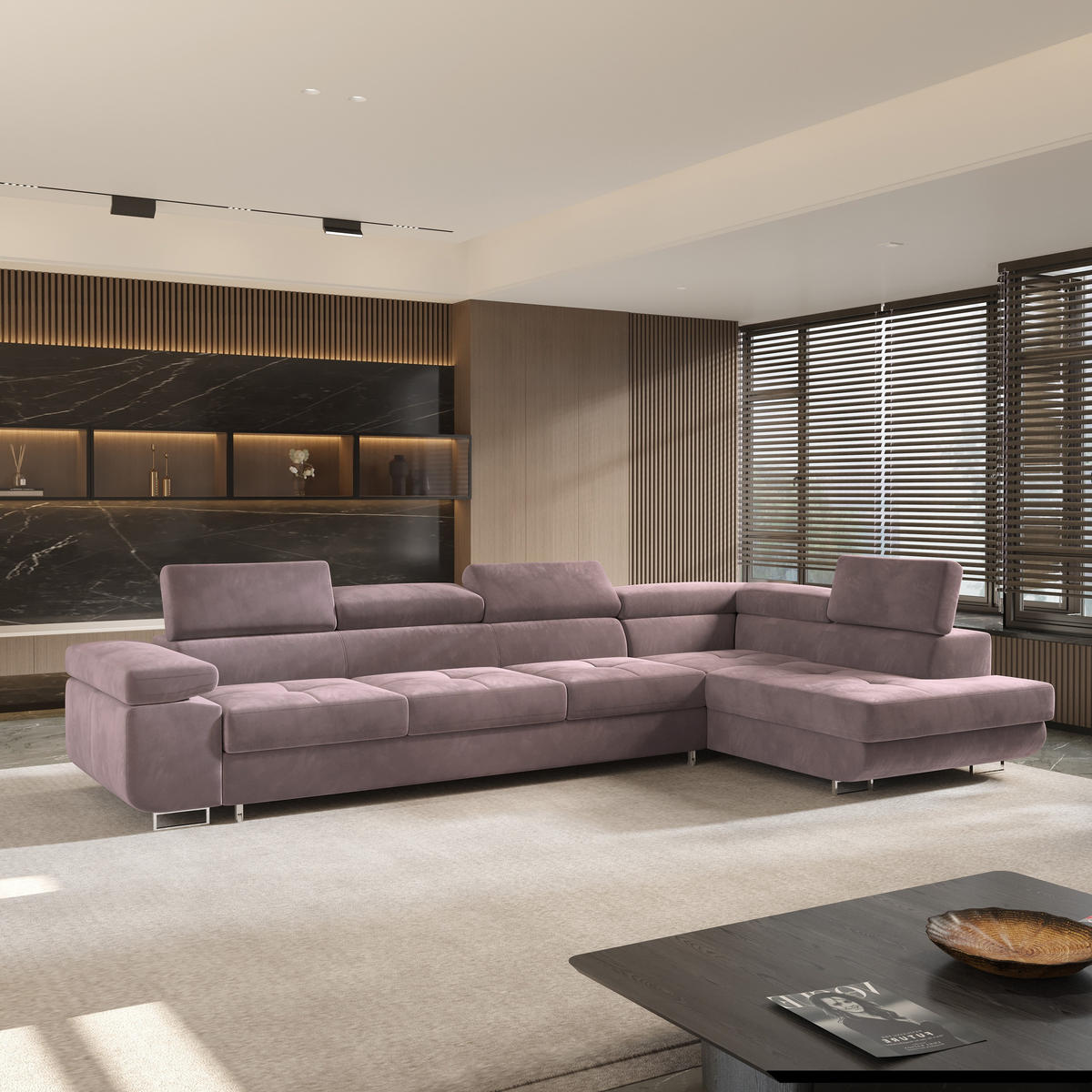 ECKSOFA VICENTE Lila Velours-Stoff mit Schlaffunktion - Lila, Holz (346/202cm) - MASSENO