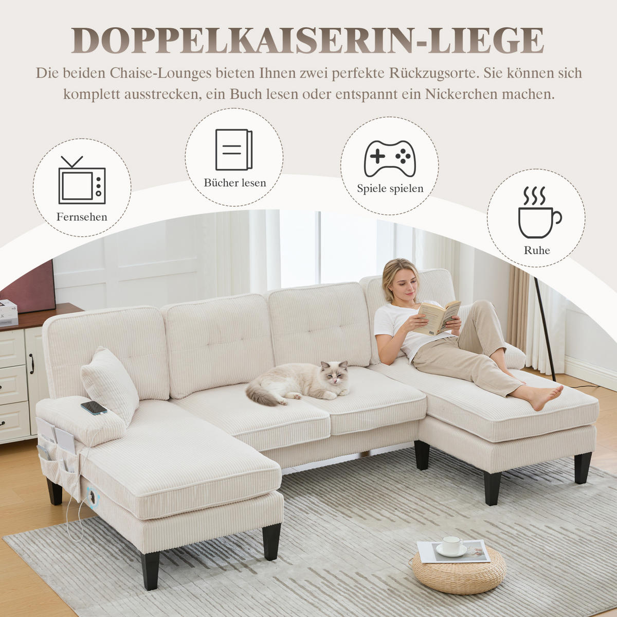 WOHNLANDSCHAFT aus Cord 250x130x88 cm in Beige mit USB/Type-C & Seitentaschen - Beige, Textil (130/88/250cm) - Modfu