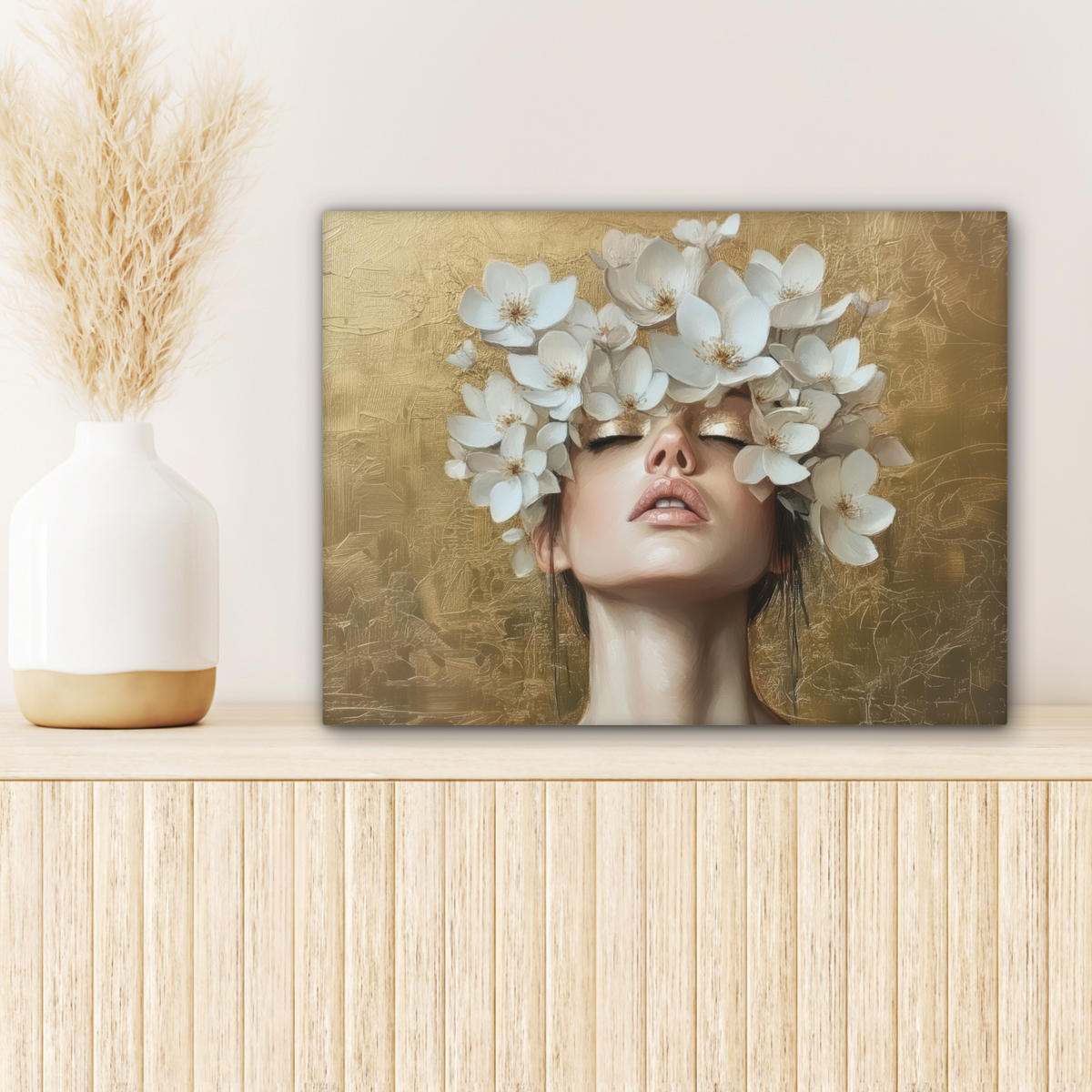 LEINWANDBILD Gesicht - Blumen - Gold - Abstrakt Wandbild 40x30 cm - Goldfarben, Textil (40/30cm) - MuchoWow