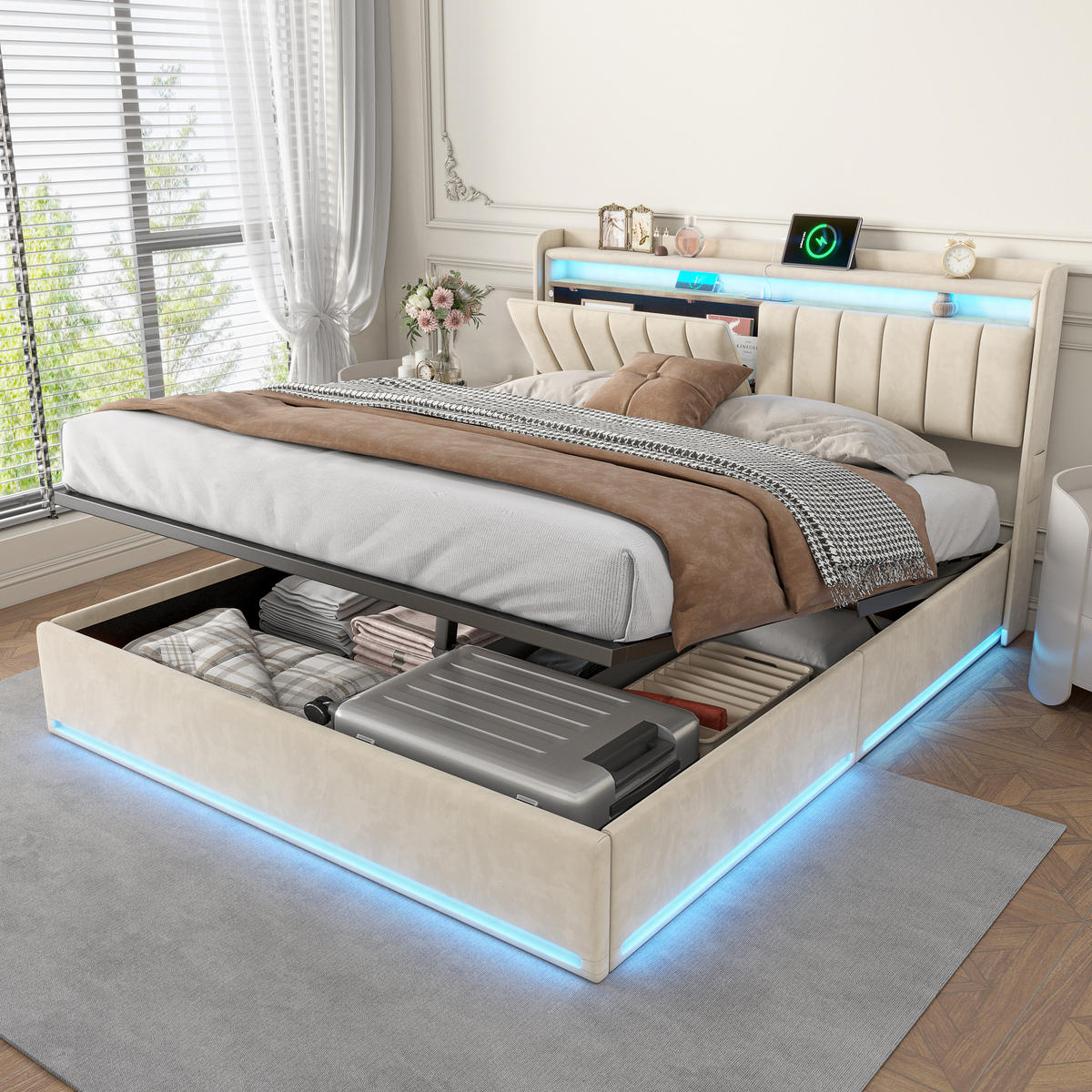 POLSTERBETT 140x190 cm Beige mit LED, USB- und USB-C, Stauraum & Bettkasten - Beige, Holz (140/190cm)