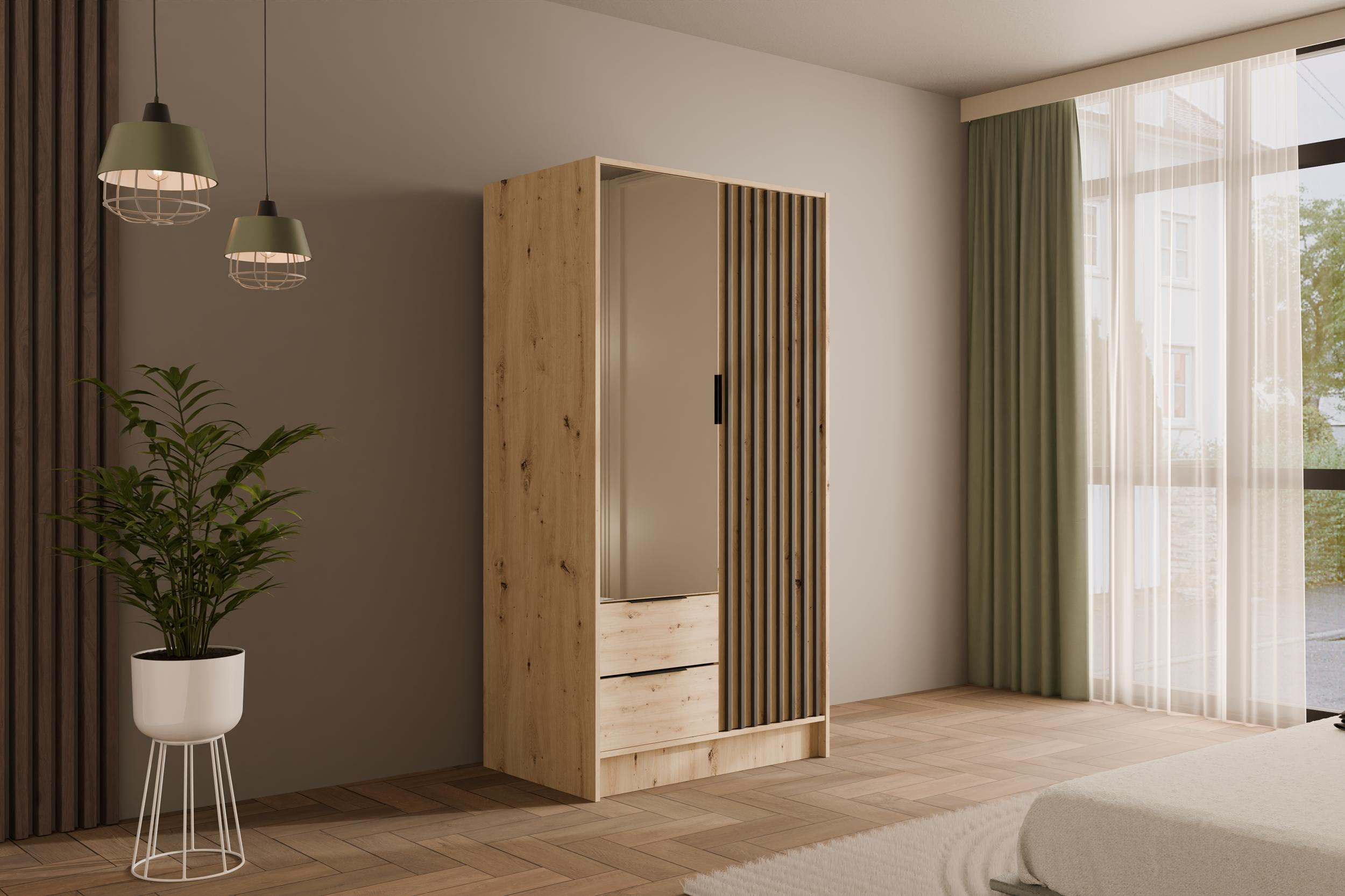 KLEIDERSCHRANK NELIA - 120 cm - Schwarz/Eiche Artisan, Holzwerkstoff (102/200/51cm) - ALTDECOR
