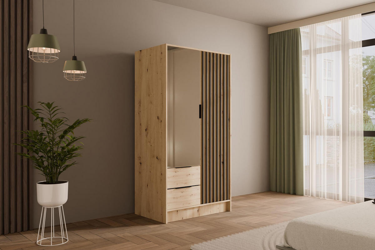 KLEIDERSCHRANK NELIA - 120 cm - Schwarz/Eiche Artisan, Holzwerkstoff (102/200/51cm) - ALTDECOR