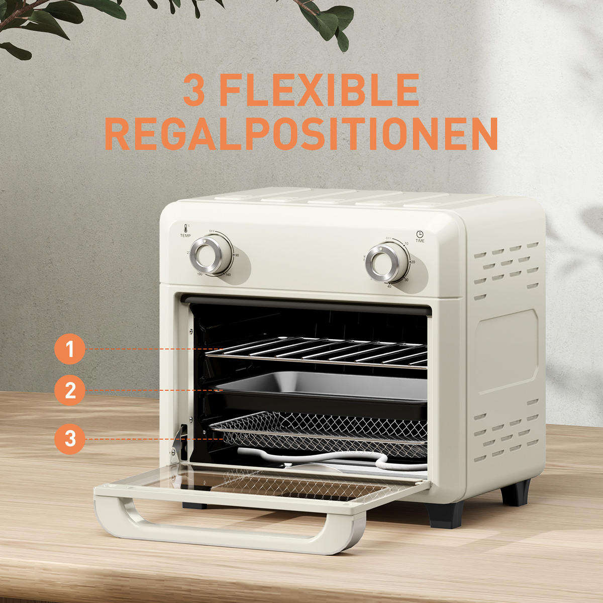 MINIBACKOFEN 10L mit Umluft & Heißluftfritteuse, Touch-Screen, 1000W, Timer, Innenbeleuchtung, Edelstahl - Beige, Metall (32/29.8/27.2cm) - Beaface