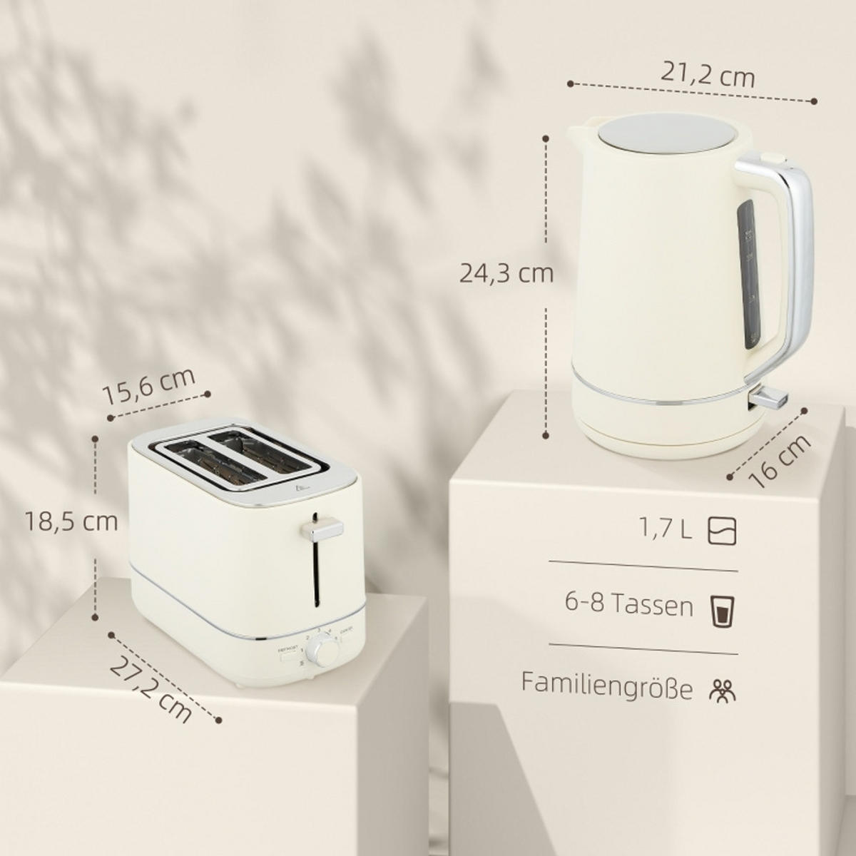 WASSERKOCHER-TOASTER UND 1,7 L 6 Bräunungsstufen Beige 21,2/16/24,3 cm - Beige, Kunststoff (16/24.3/21.2cm) - Rolipo