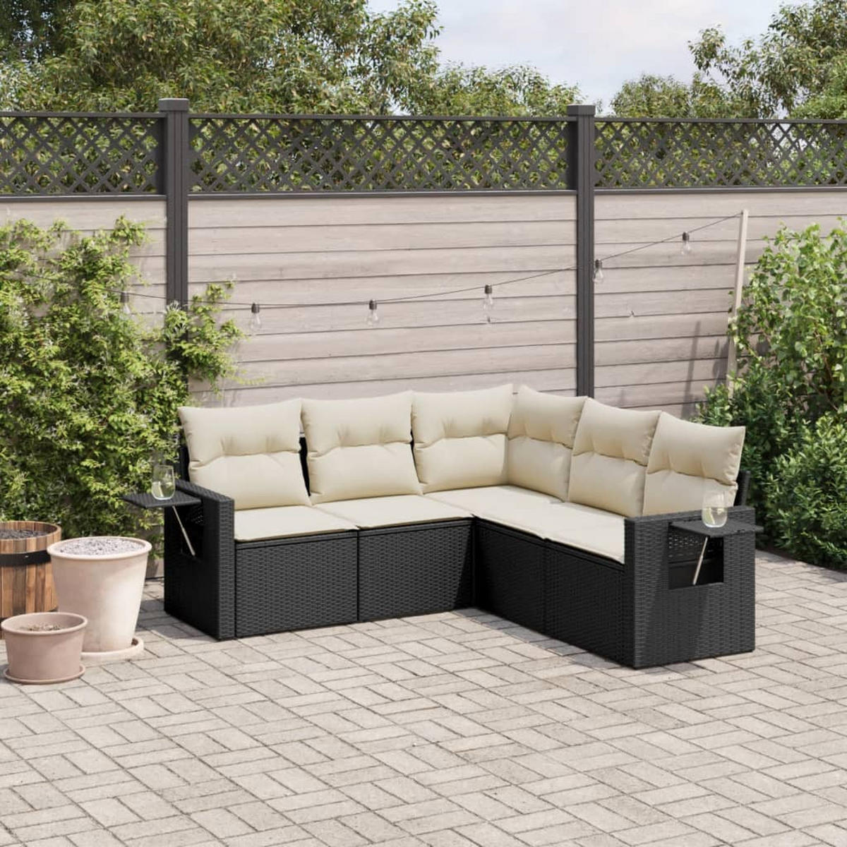 GARTEN-SOFAGARNITUR 5-teilig Mit Kissen Schwarz Poly Rattan - Schwarz, Kunststoff - vidaXL
