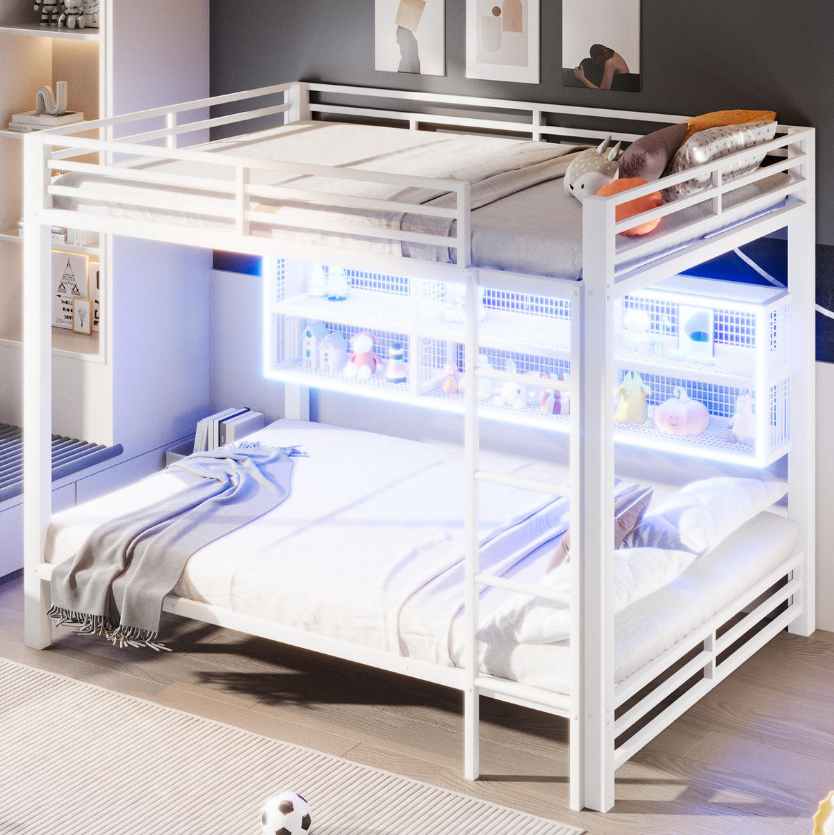 ETAGENBETT aus Metall 140x200 cm Weiß mit 6 Stauraumschränken, LED-Kopfteil und Schutzgittern - Weiß, Metall (140/200cm) - Modfu
