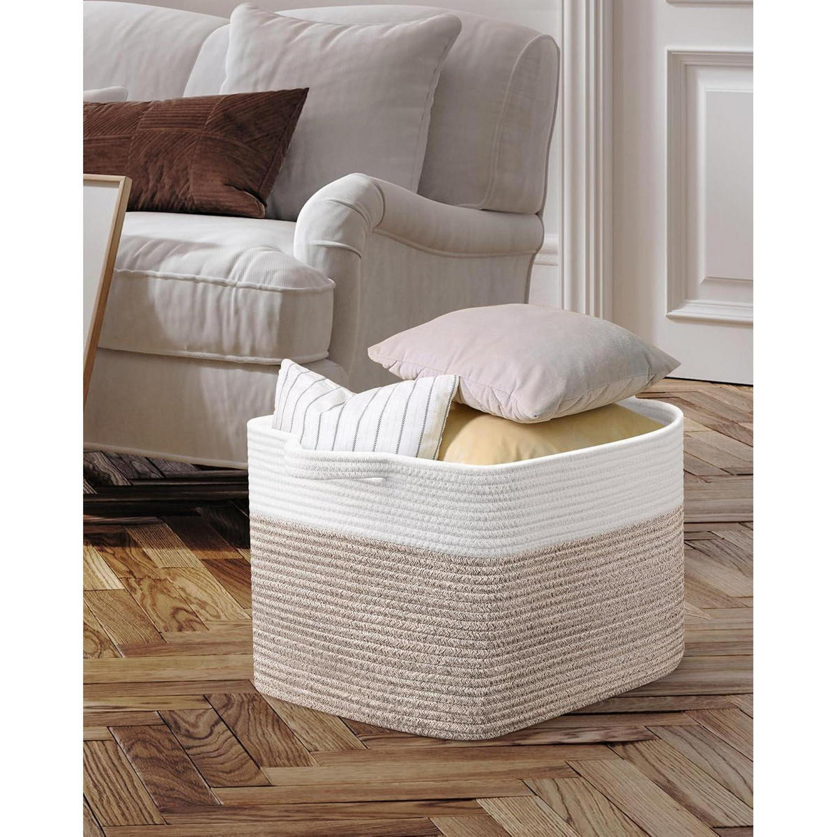 WÄSCHEKORB 2-teiliges Set Baumwolle 63 L Weiß & Braun - Multicolor, Textil (38/30/55cm)