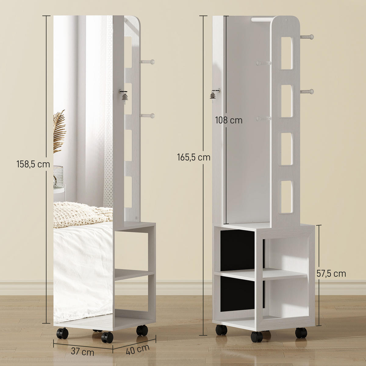 STANDSPIEGEL DE-18889 360° drehbar, LED, 165,5 cm Weiß - Schwarz, Holzwerkstoff (40/165.5/37cm) - ComfortXL