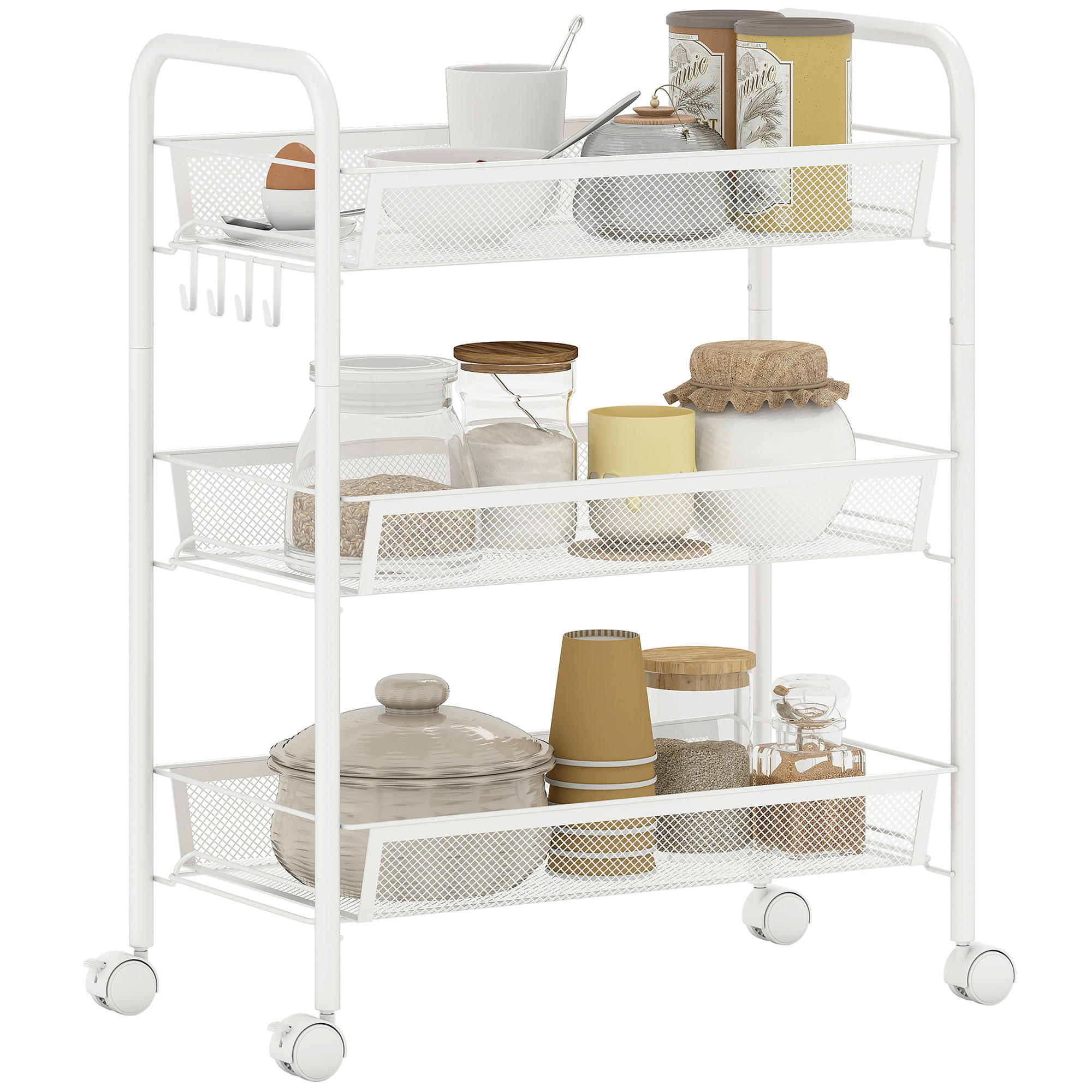 SERVIERWAGEN DE-12537 3 abnehmbare Körbe mit 4 Haken 45/26,5/63 cm Weiß - Weiß, Metall (26.5/63/45cm) - ComfortXL