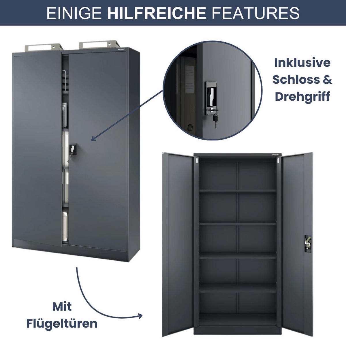 AKTENSCHRANK abschließbar KADO mit Flügeltüren 185x115x40cm Anthrazit - Anthrazit, Metall (115/185/40cm) - DELUKE