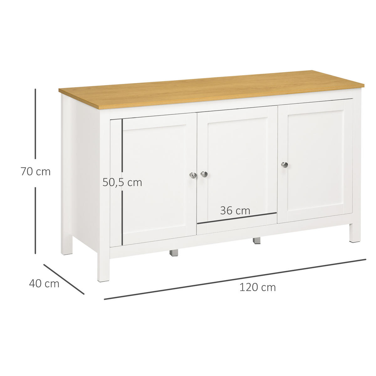SIDEBOARD Weiß und Eiche-Nachbildung, 3 Türen, 120/40/70 cm - Weiß, Holz (120/70/40cm) - PANGIVO