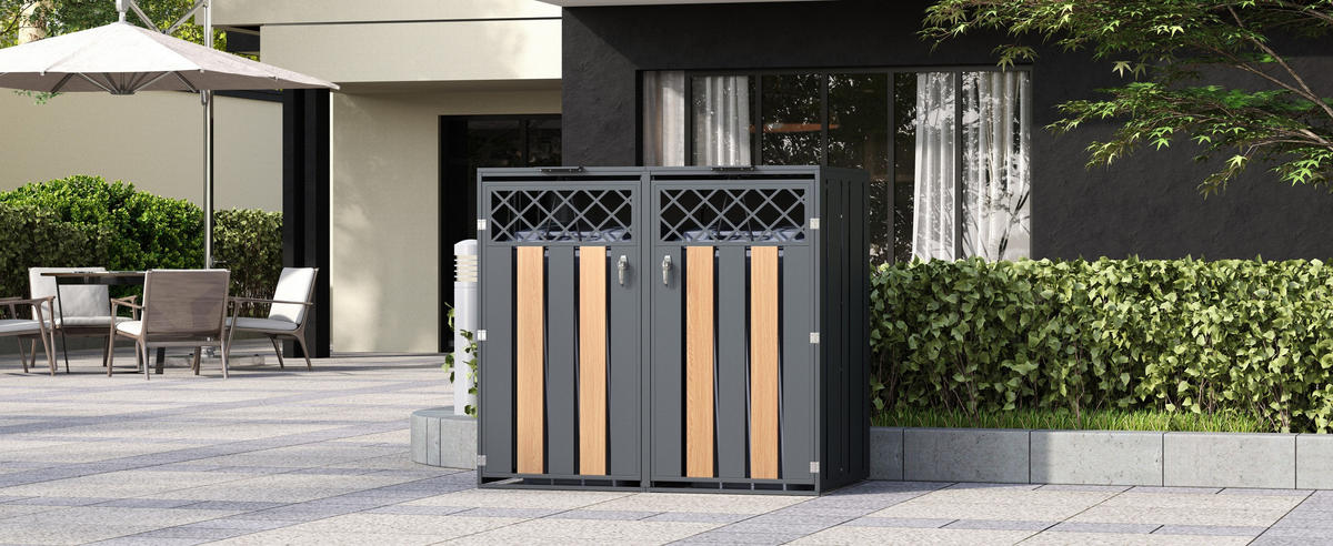 MÜLLTONNENBOX Klappdeckel 2 Türen Lüftung - Grau, Metall (132/118.5/80cm) - LEBENLANG