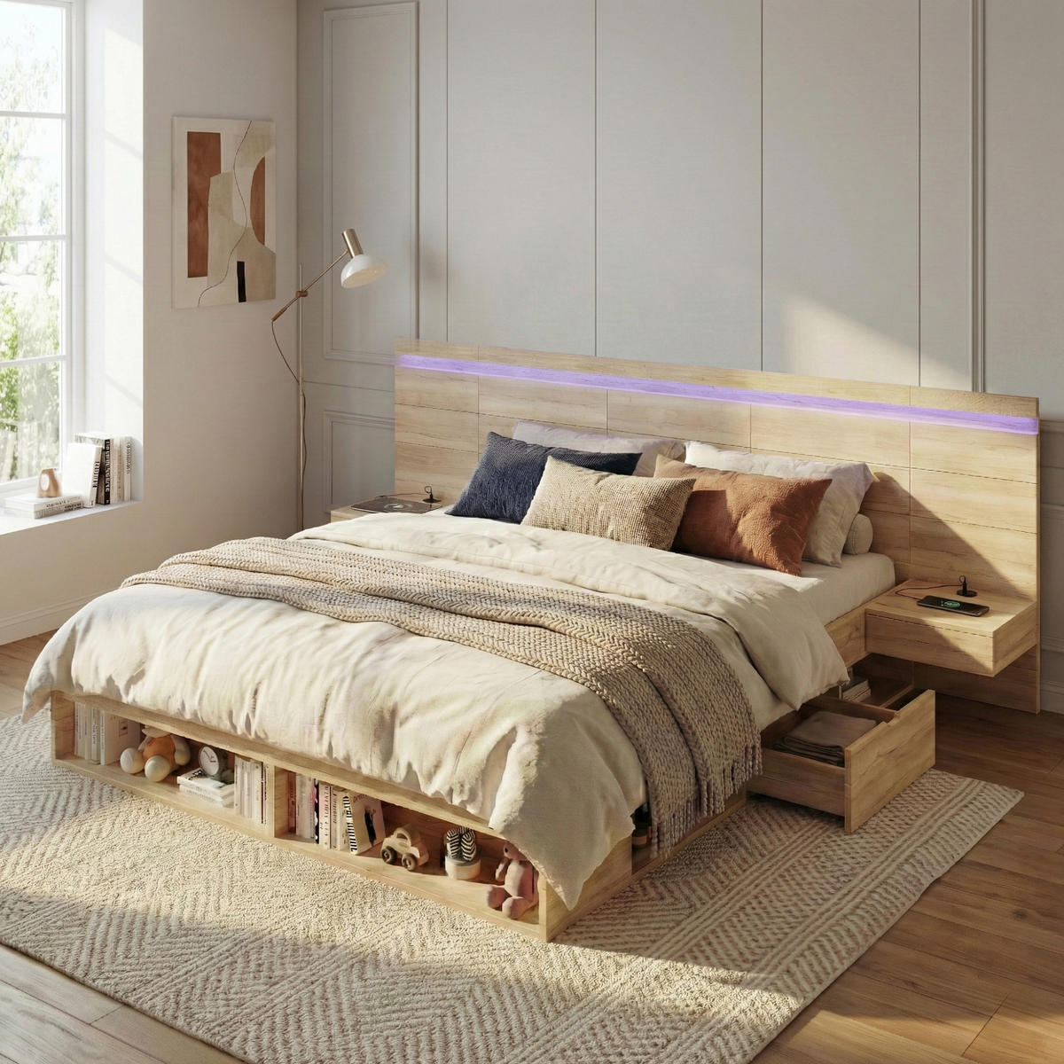 BETT 180/200 cm in Natur mit 2 Nachttischen, Schubladen, LED und USB MDF-Design - Naturfarben, Holzwerkstoff (180/200cm) - STILVORA