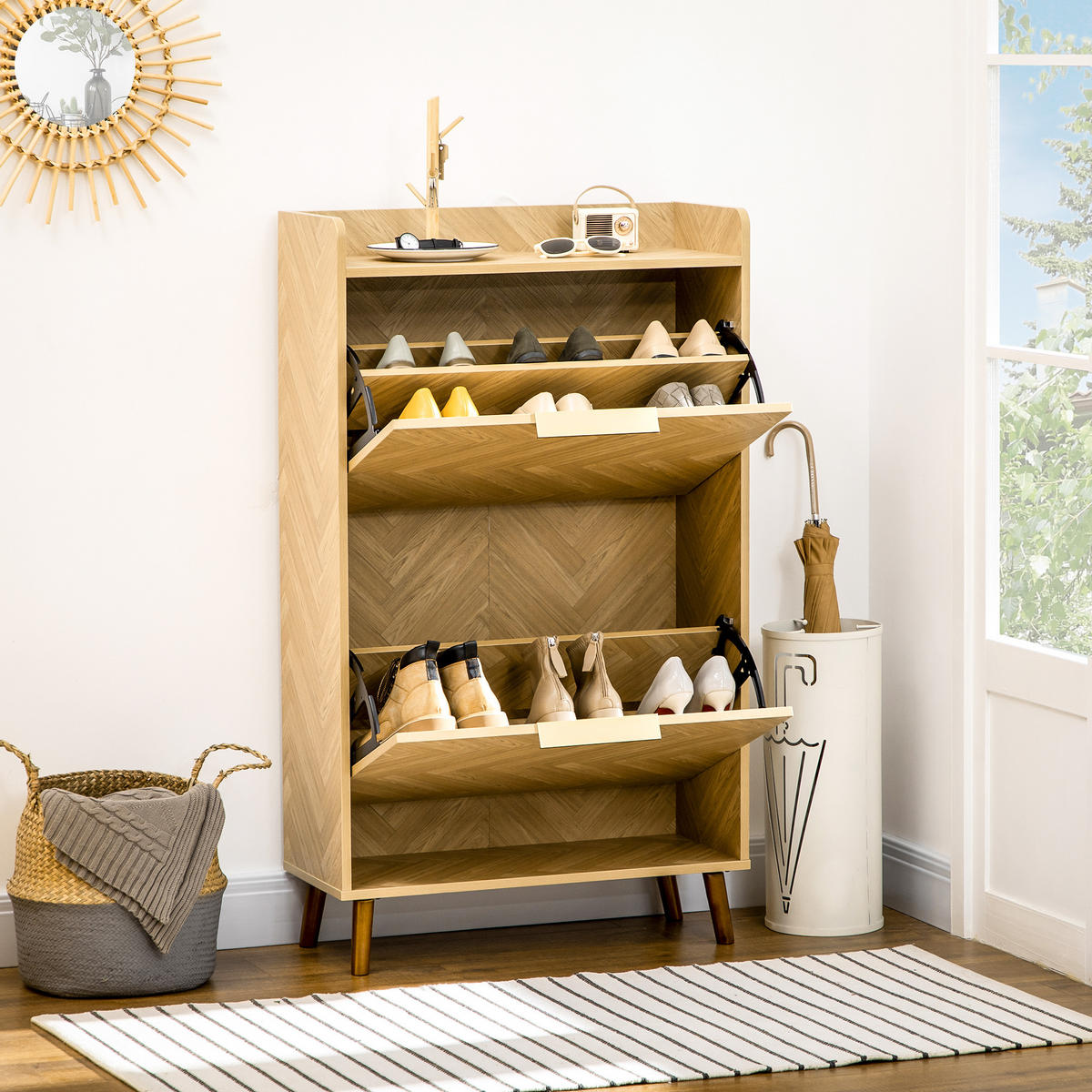 SCHUHSCHRANK DE-14985 Vintage mit Fischgrätmuster Holzoptik - Naturfarben, Holzwerkstoff (70/120/30cm) - ComfortXL