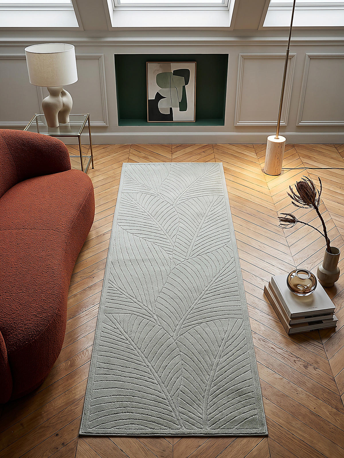 LÄUFER Outdoor, Fußbodenheizung-geeignet, mit Blattmotiv, ENGADIN in Salbeigrün, 80 x 250 cm - Grün, Textil (80/250cm) - KADIMA DESIGN