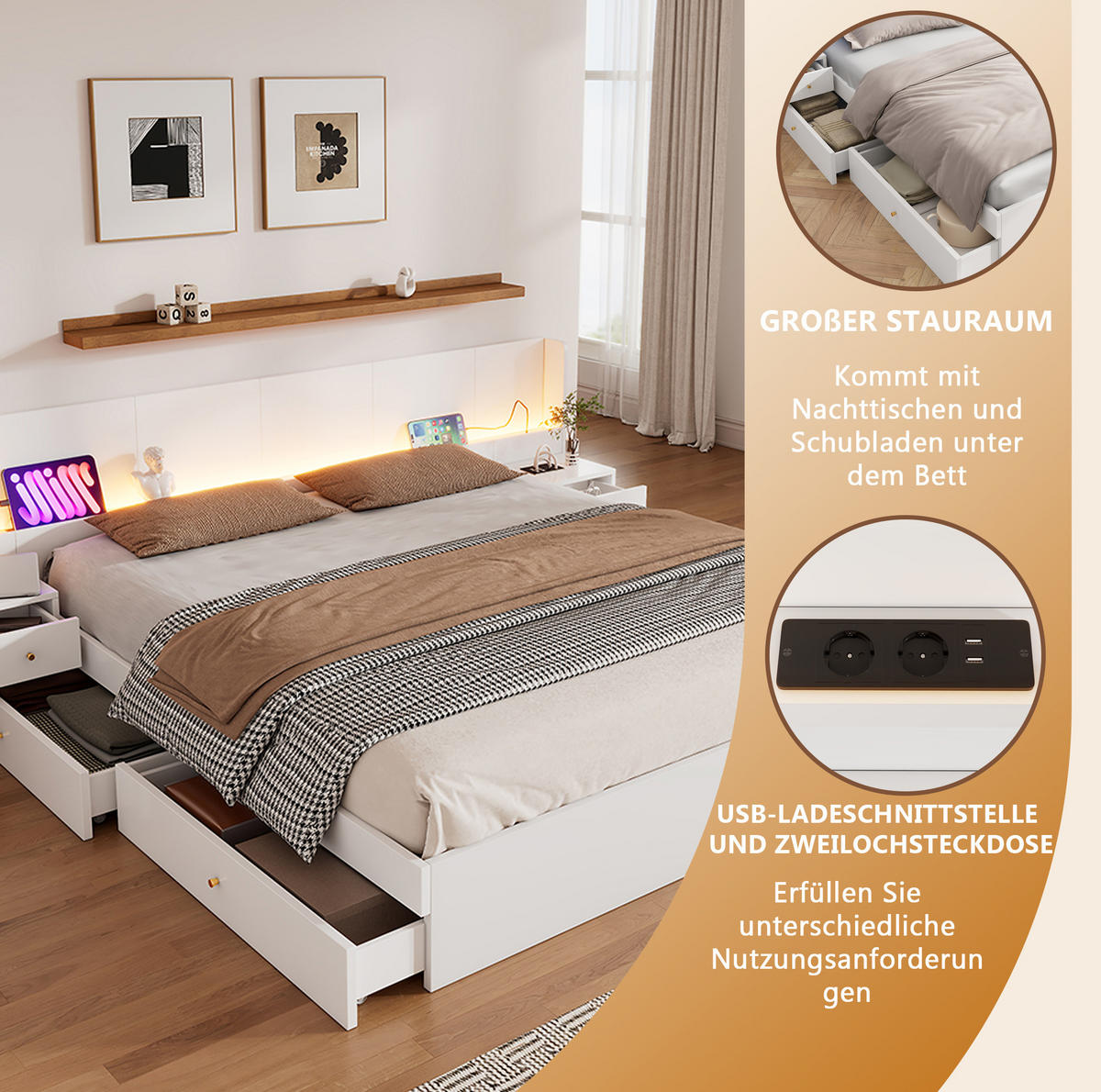 DOPPELBETT 180/200 cm Weiß mit LED-Beleuchtung und USB aus MDF mit Stauraum und Nachttischen - Weiß, Holzwerkstoff (180/200cm) - OKWISH