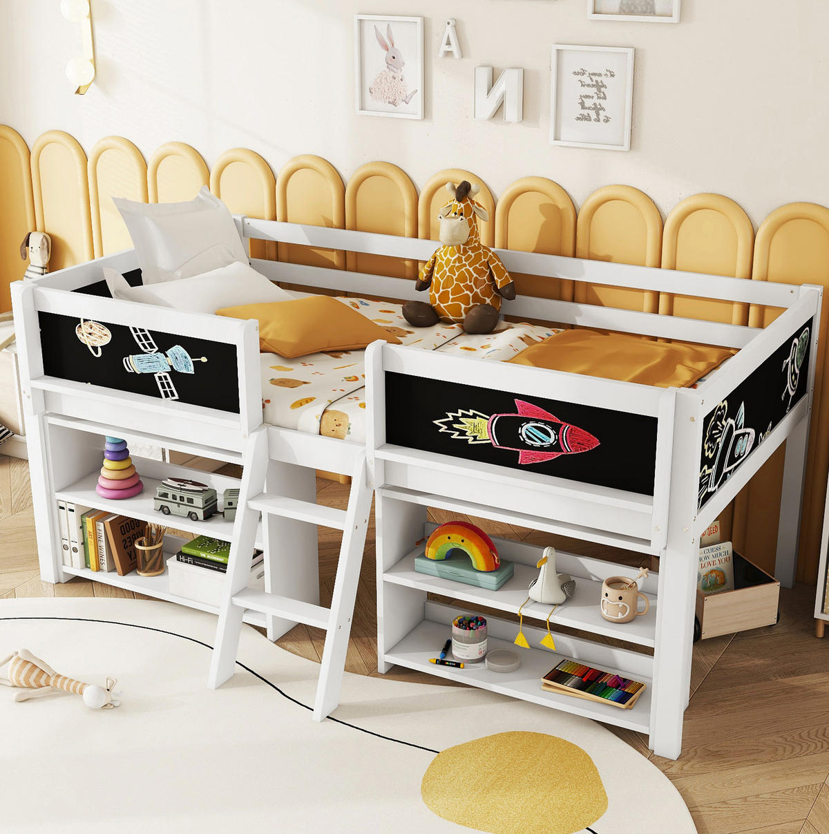 KINDERBETT Kindereinzelbetten 90/200 cm mit Stauraum, Sicherheitsgeländer und Zeichentafel, Weiß - Weiß, Holzwerkstoff (90/200cm) - Redom