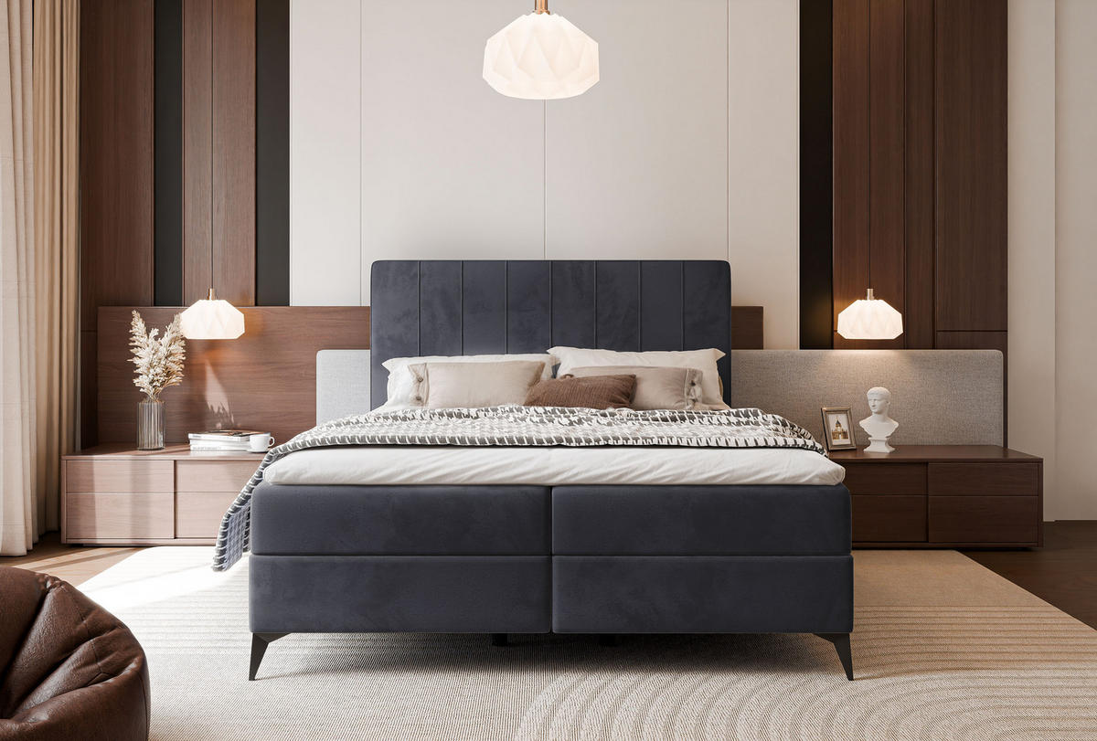 BOXBETT VERA 120x200 cm mit Matratze und Topper, Weicher wasserabweisender Samt Dunkelgrau - Dunkelgrau, Textil (120/200cm) - Idohome