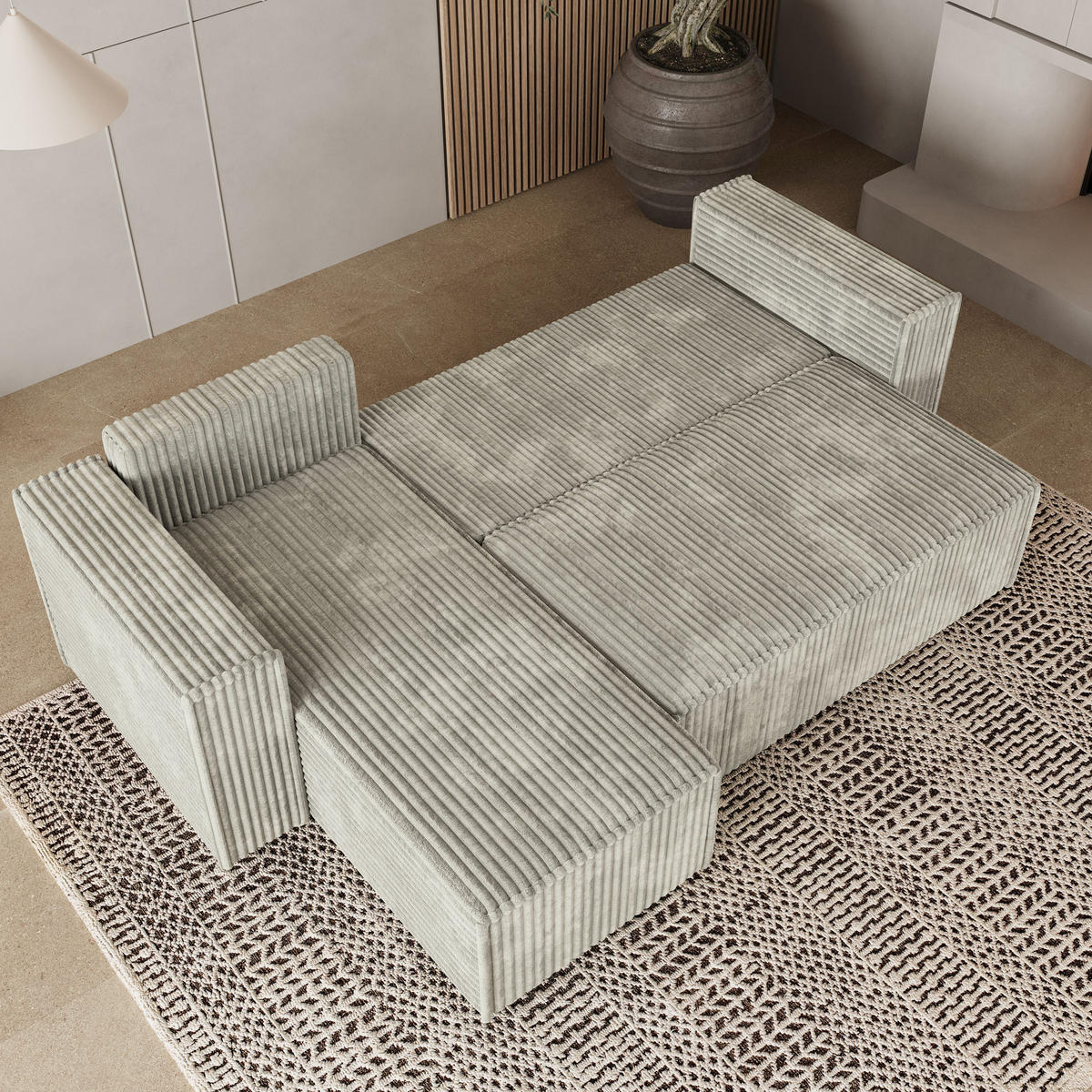 ECKSOFA RAVELO T Hellgrau Kordstoff mit Schlaffunktion - Hellgrau, Holz (240/140cm) - MASSENO