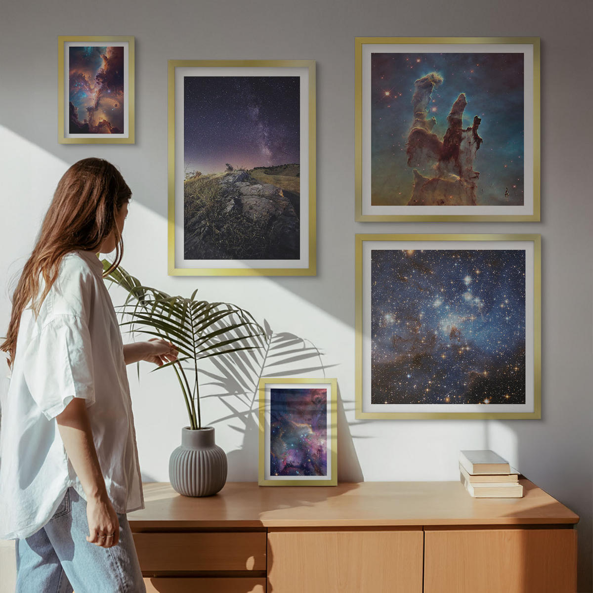 BILDER SET 5er Set - 50x50 cm & 20x30 cm & 40x60 cm Goldrahmen - Wasserfall in der Schlucht - Goldfarben, Kunststoff (40/60cm) - TULUP