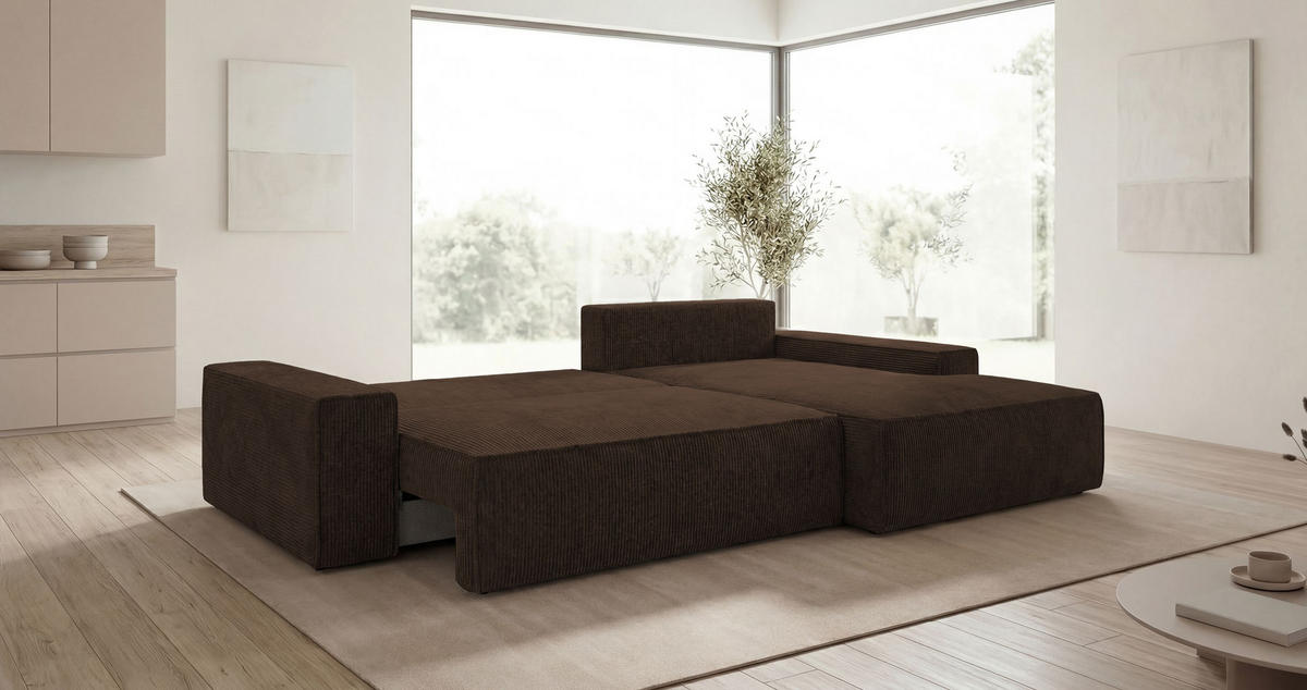 ECKSOFA VERONA rechts braun Cord Poso 6 - Schlaffunktion, Bettkasten - Braun, Textil (280/184cm) - Cornero