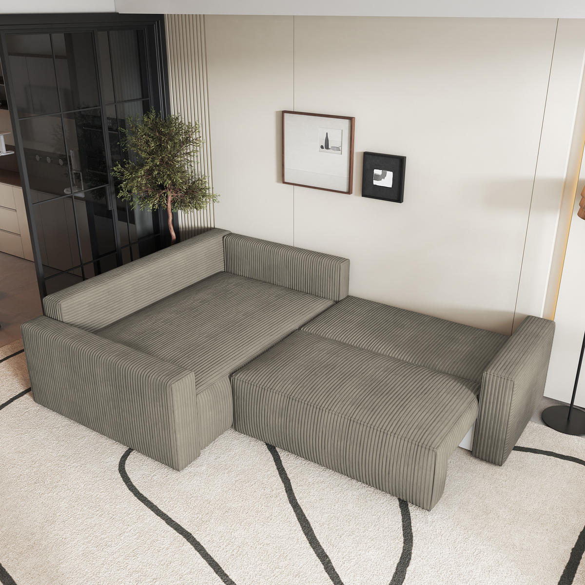 ECKSOFA ERONIS L-S Beige Kordstoff mit Schlaffunktion - Beige, Holz (265/194cm) - MASSENO