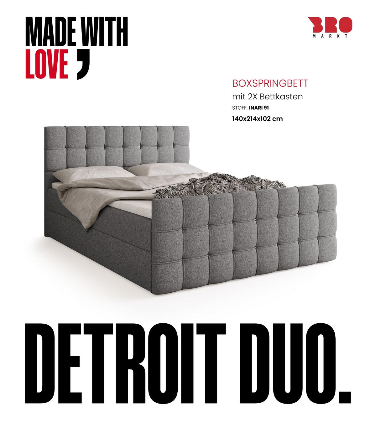 BOXBETT Detroit Duo mit Topper 140/200 Hellgrau - Hellgrau, Textil (140/200cm) - Bromarkt