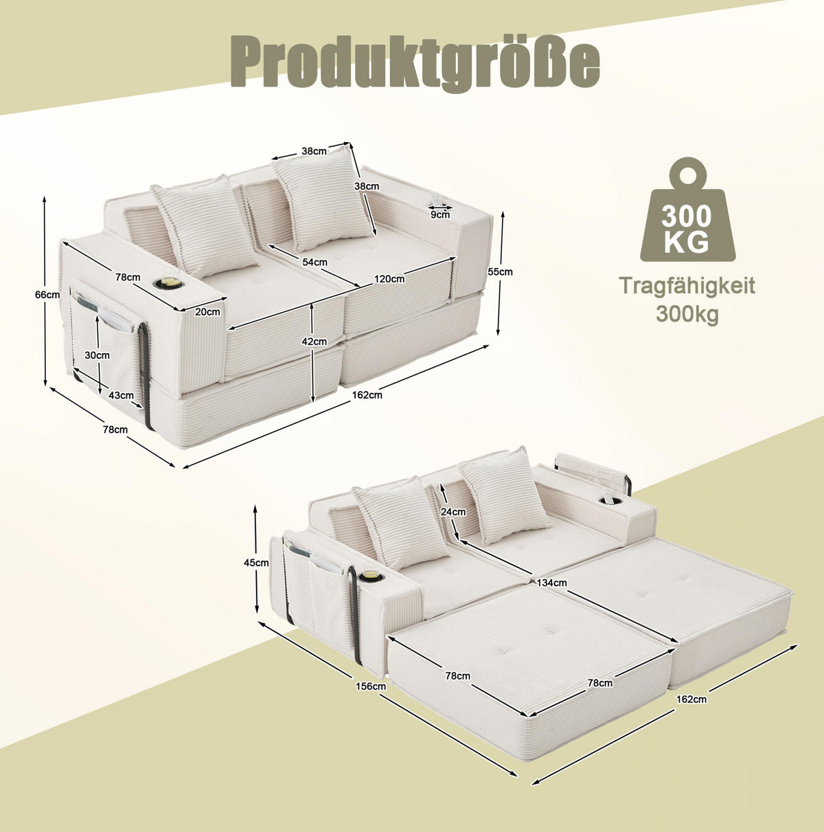 2-SITZER-SOFA aus Cord 162x78x66 cm Beige mit 2 Kissen, Seitentaschen und modularem Aufbau - Beige, Textil (162/66/78cm) - Modfu