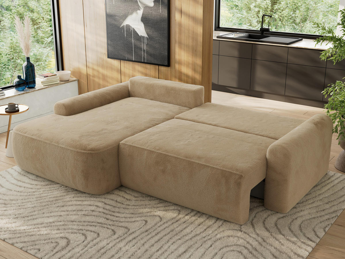 ECKSCHLAFSOFA CUBO L Beige Plüsch - links - Beige/Schwarz, Kunststoff/Textil (273/187cm) - MKS