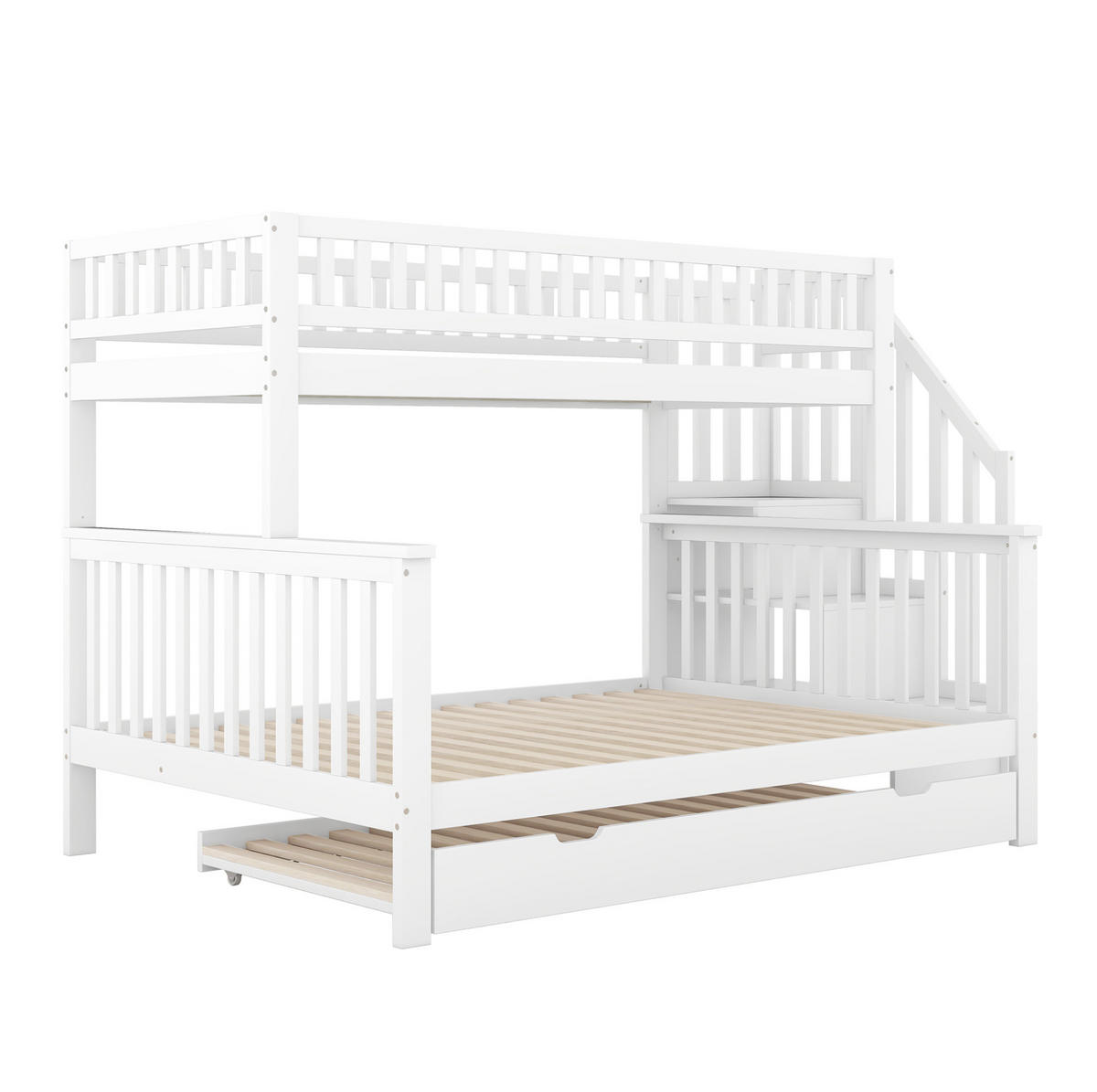 ETAGENBETT 253/240/160 cm aus Kiefer und MDF mit Ausziehbett und Stauraumtreppe Weiß - Weiß, Holz (140/200cm) - Modenvie