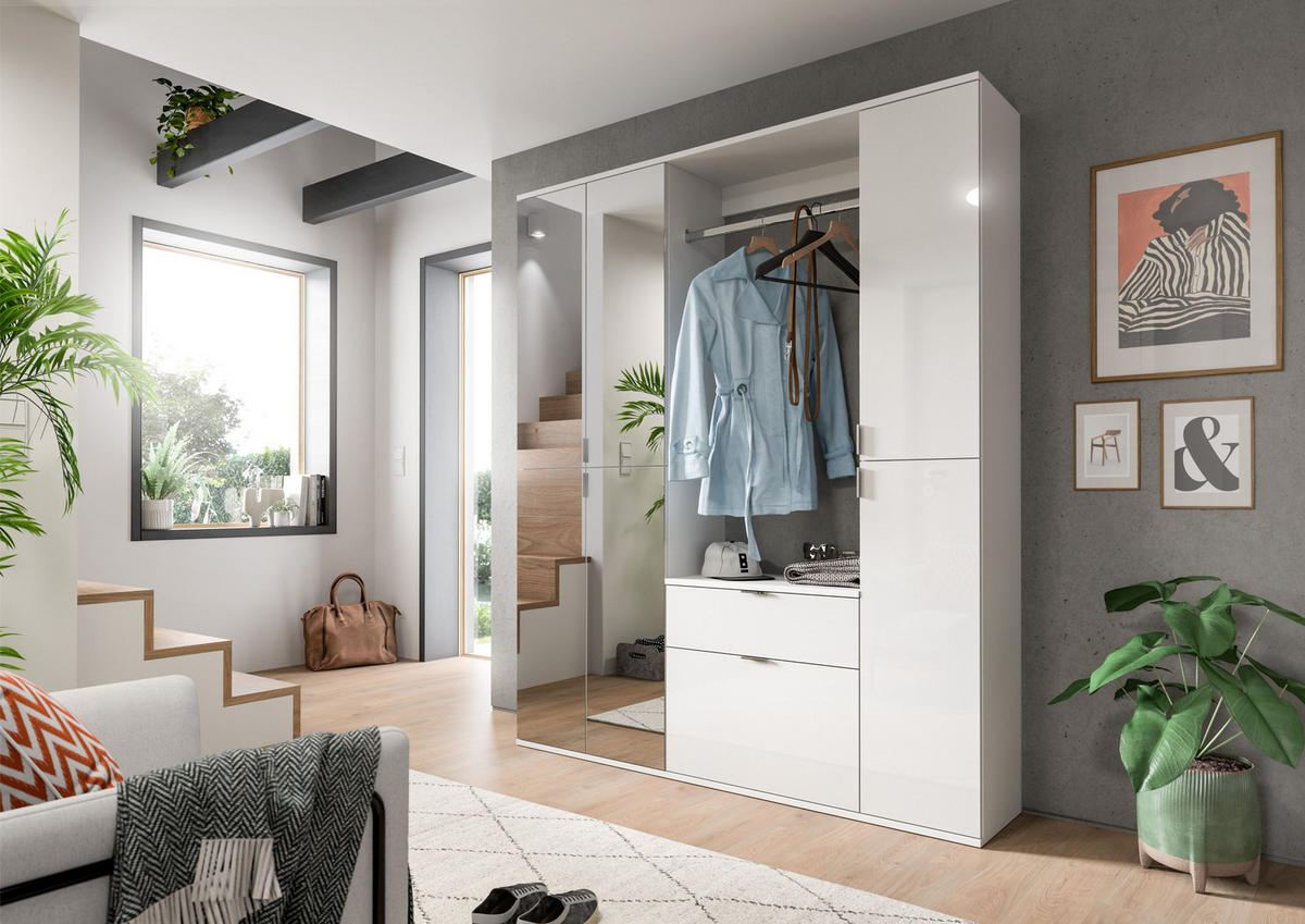 GARDEROBENKOMBINATION 4tlg. Projekt X Garderobe in weiß Nb. und weiß hochglanz B/H/T: 152x193x34 cm - Weiß, Holzwerkstoff (152/193/34cm)