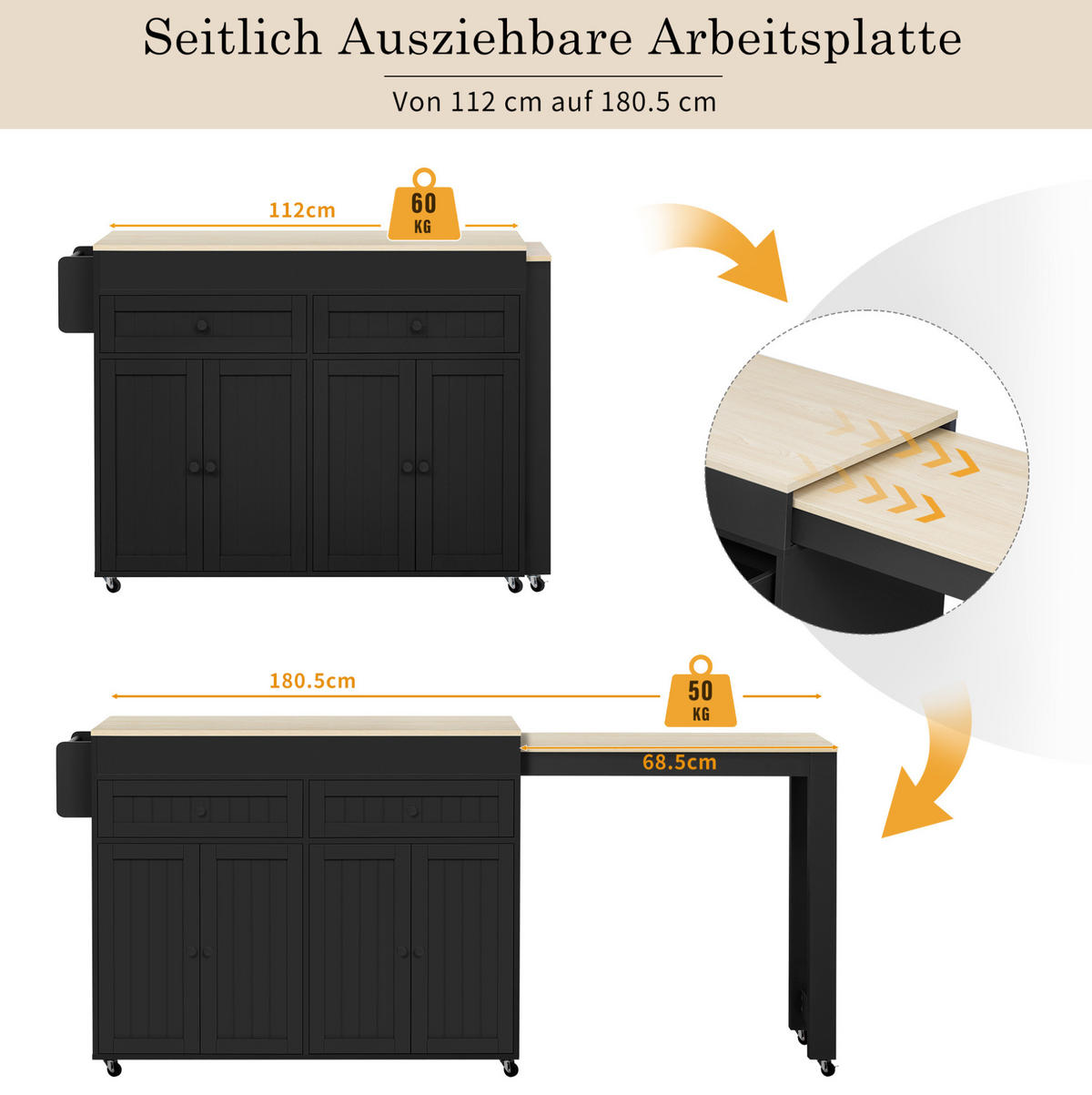 KÜCHENINSEL 112-180,5/45/92,2 cm mit ausziehbarer Arbeitsplatte und Rollen, MDF, Schwarz/Natur - Schwarz, Holzwerkstoff (180.5/92.2/45cm) - Redom