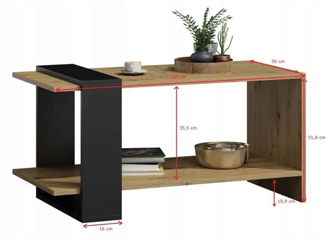 COUCHTISCH WIKA Artisan Eiche-Schwarz 100/53,6/51,8 cm - Multicolor, Holzwerkstoff (53.6/100/51.8cm) - Matkam Möbel