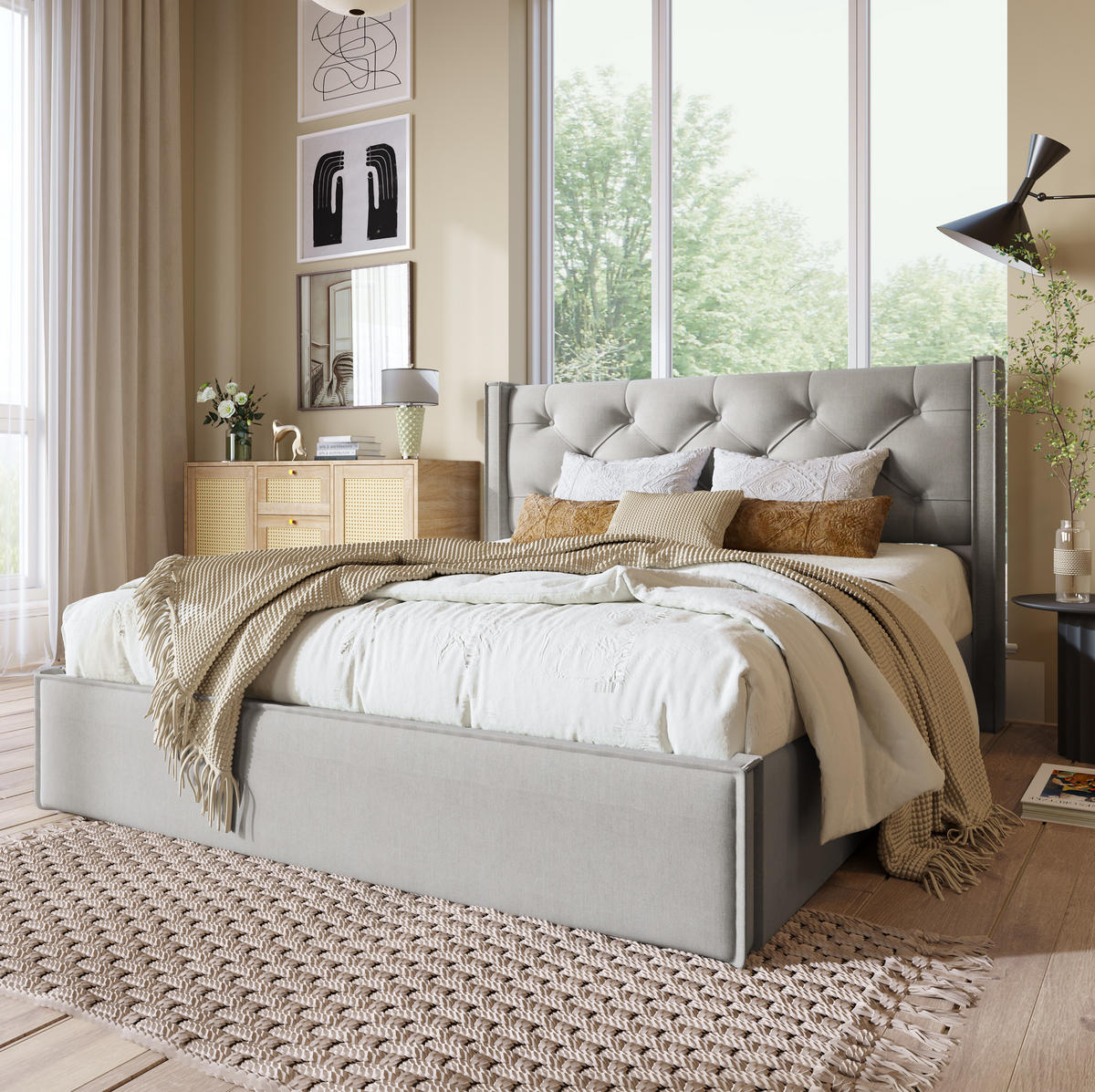 BETT mit Bettkasten 140x200 cm Baumwolle Light Grey - Hellgrau, Metall (140/200cm) - Meubliv