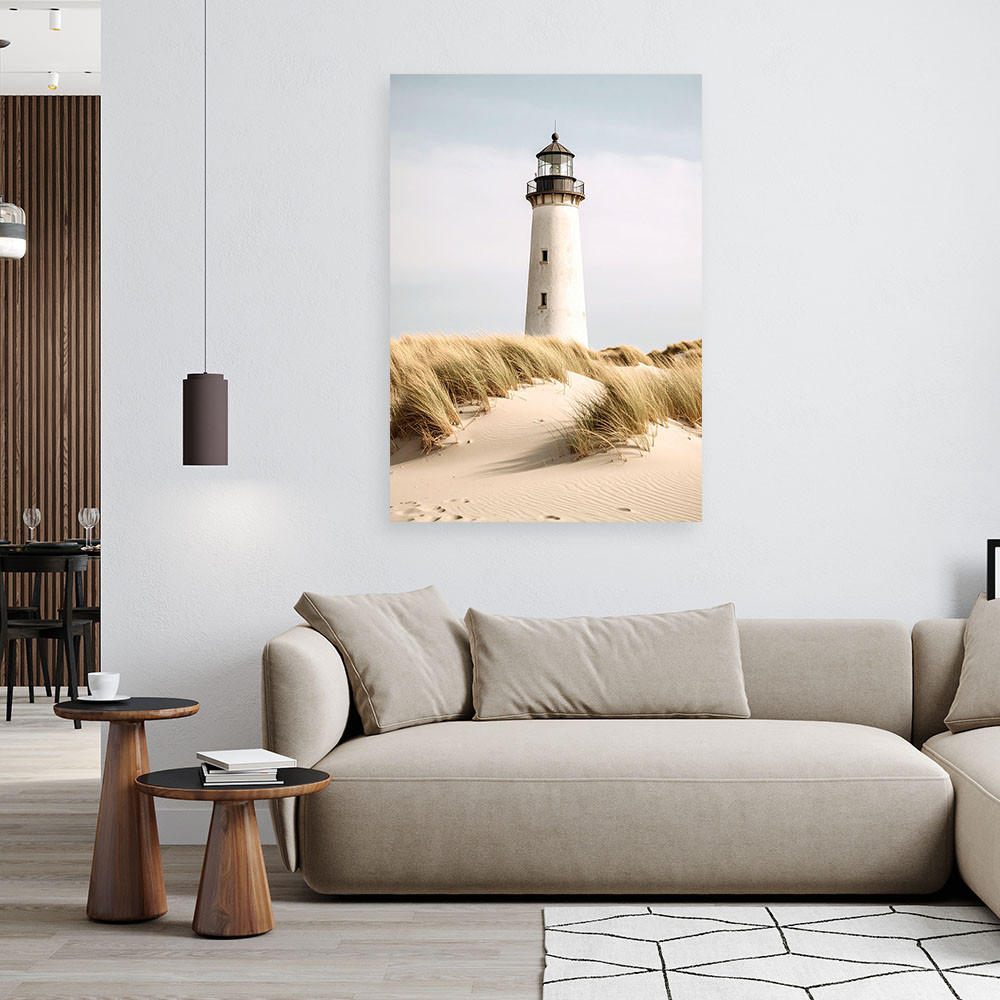 LEINWANDBILD Leuchtturm Meer Pflanzen Dünen 80x120cm - Beige, Textil (80/120cm) - Feeby