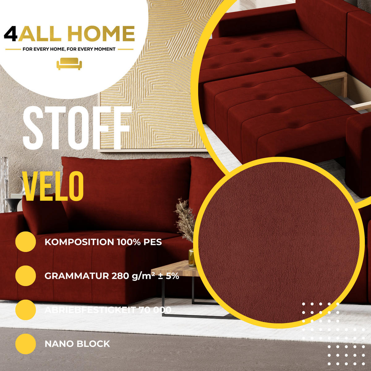 ECKSOFA Tico mit Bettkasten und Schlaffunktion, L-Form/XL-Form, Velourstoff, Universal - Weinrot, Holzwerkstoff (276/145cm) - 4ALL HOME