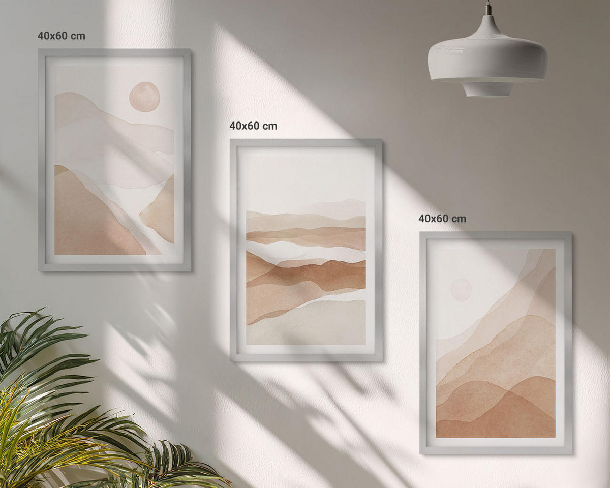 WANDBILDER 3er Set - 40x60 cm Silberner Rahmen - Abstrakte braune Landschaften - Silberfarben, Kunststoff (40/60cm) - ArtPrintCave